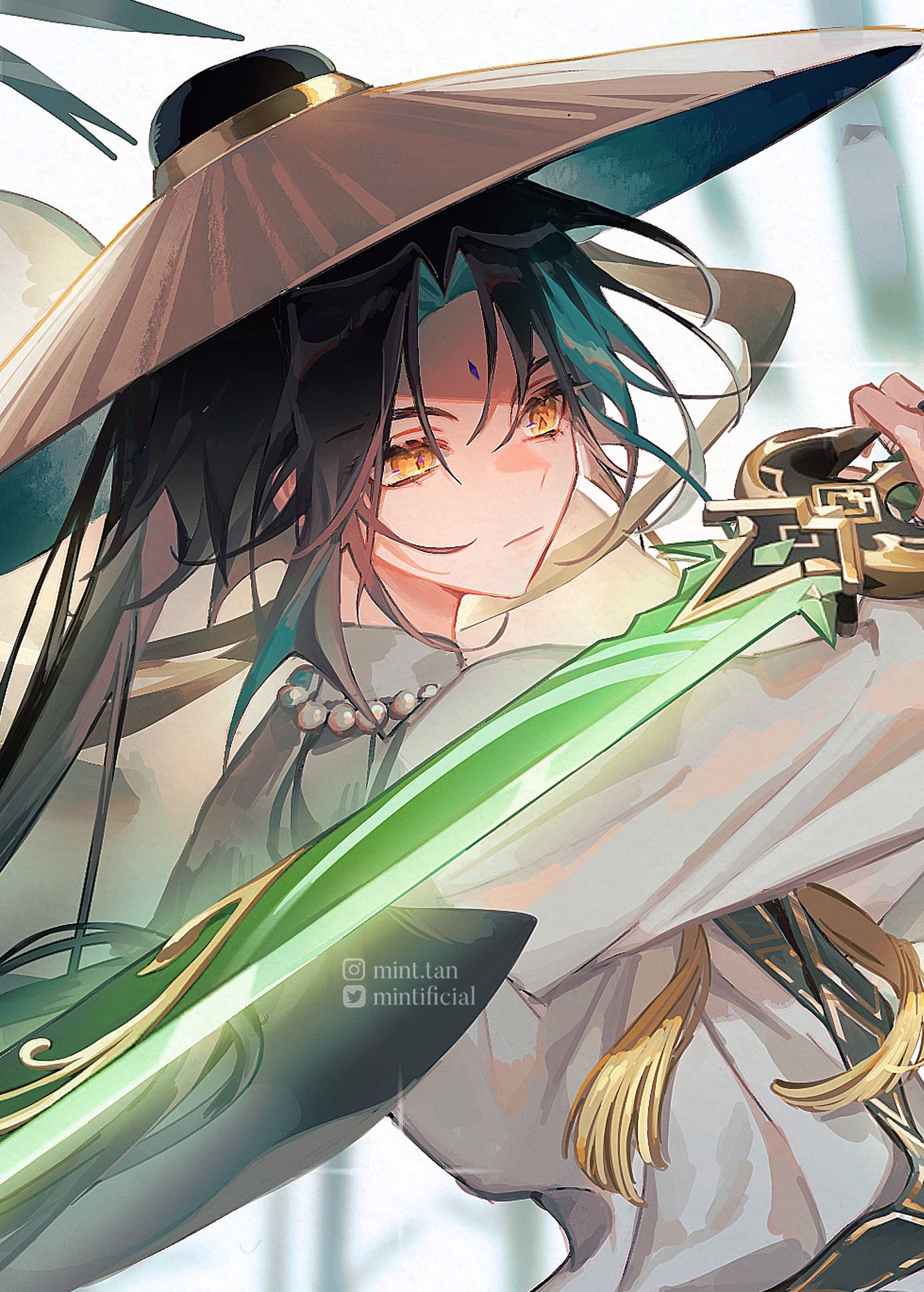 a digital illustration of a young woman with long green hair, golden eyes, and a bright, sweet smile, wearing a traditional chinese outfit with a wide hat and a white shirt. she holds a green sword in her hand, the handle adorned with a jade orb, and looks directly at the viewer. the image is rendered in a soft, dreamy style with muted colors and a focus on detail.