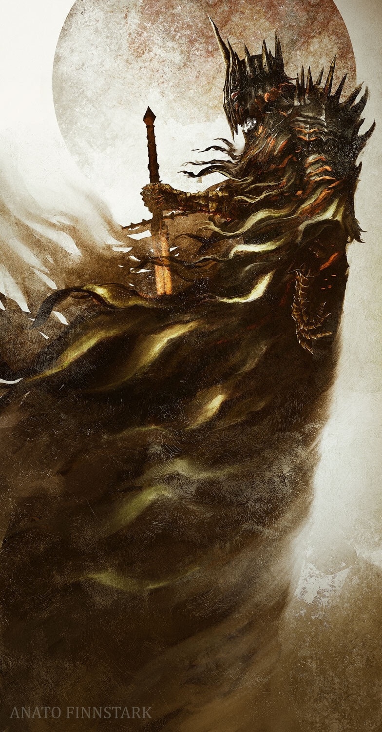 this dramatic illustration features a lone warrior standing against a backdrop of a large, textured moon. the figure is clad in elaborate, spiky black armor, a billowing cape, and a distinctive horned helmet.  their back is to the viewer as they grip a long, thin sword, the blade glowing with an internal light. the overall palette is dark and muted, with warm browns and tans dominating the scene. the backlighting from the moon creates a strong silhouette effect, emphasizing the warrior's imposing form and adding to the atmosphere of mystery and power.