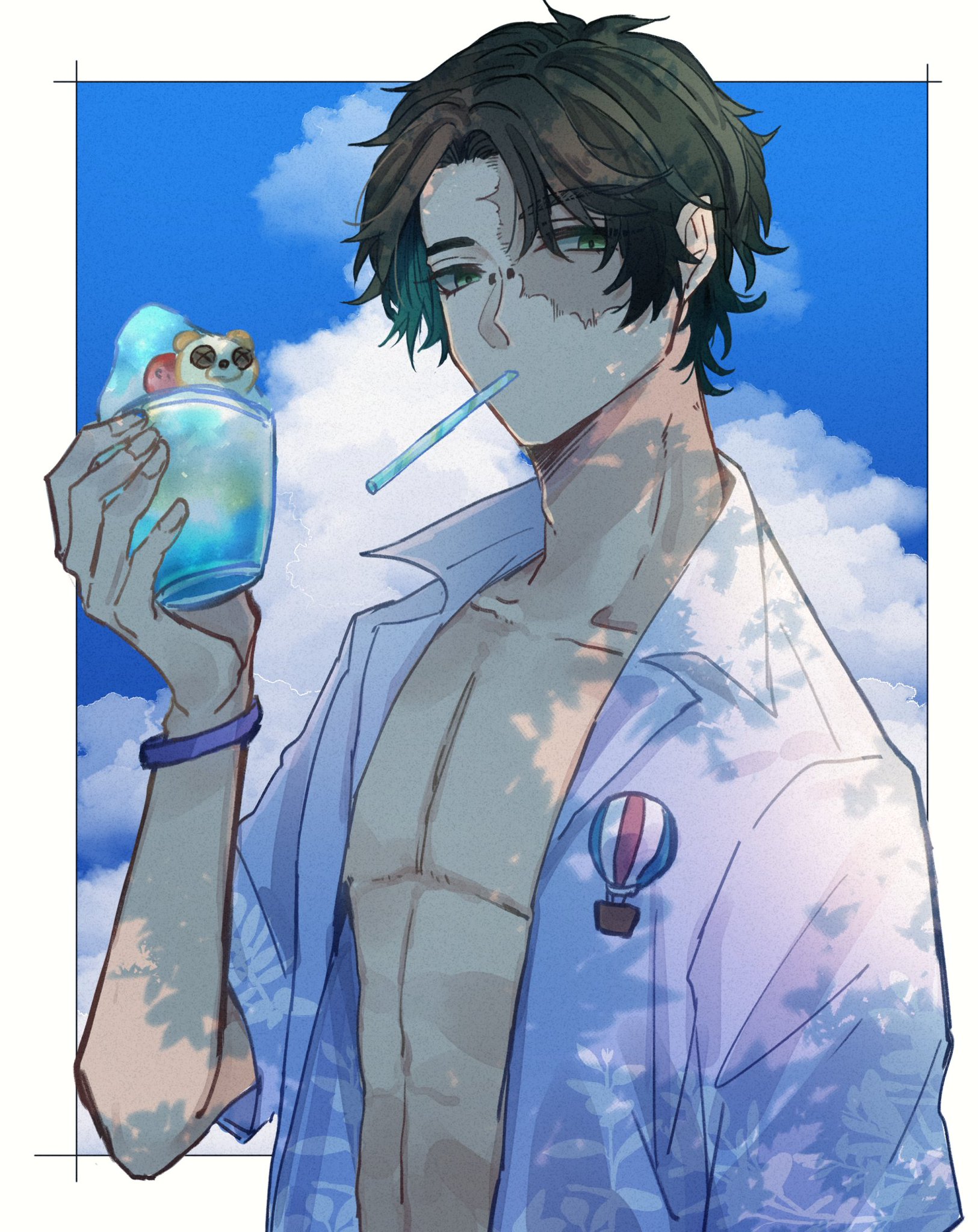 a cartoon anime man with green hair is drawn smiling and holding a blue drink with a straw. the man is wearing a loose blue shirt and a blue bracelet.  he is looking at the camera. the background is a blue sky with white clouds.  there is a cute cartoon animal on top of the man's drink. the man's chest is visible through the open shirt.