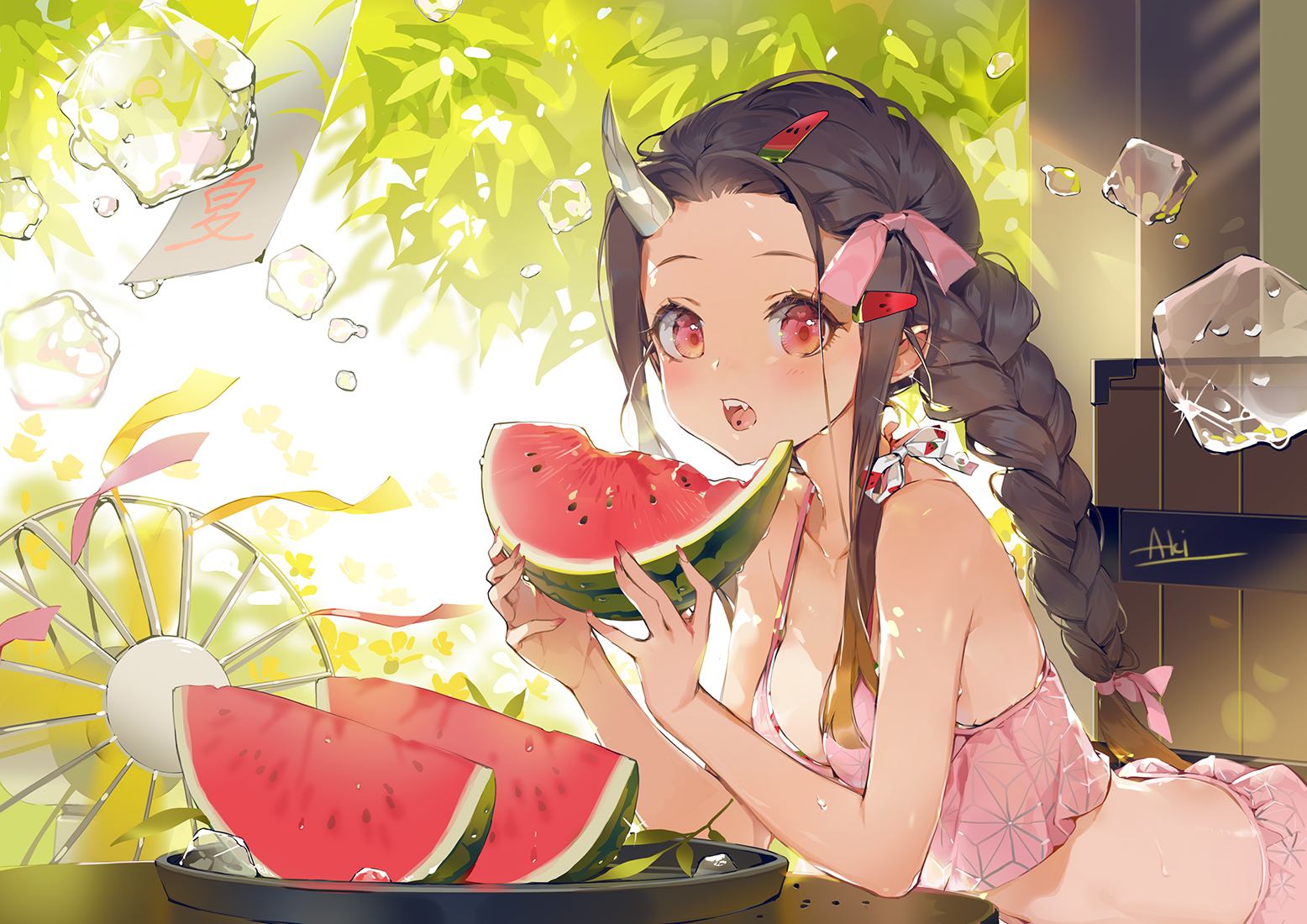 he image is a digital illustration of an anime girl enjoying a summer day. she has long brown hair braided into a ponytail, pink ribbons in her hair and small horns on her head. she's wearing a pink bikini and is sitting outdoors near a fan, surrounded by slices of watermelon and ice cubes. the background features lush green foliage. the overall style is vibrant and cheerful, typical of anime and manga art. the girl's expression is happy and playful.