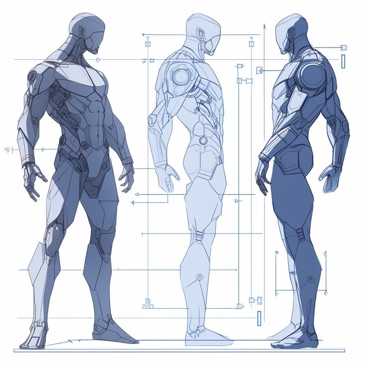 the image showcases a detailed concept art design for a robotic character, likely for a science fiction setting.  three views of the character are presented: a front view, a side view, and a back view. these views are overlaid on a grid suggesting a blueprint or technical drawing, providing precise measurements and showing the character's proportions and mechanical design details. the style is clean, with a focus on anatomical accuracy and a sleek, futuristic aesthetic. the color palette is primarily shades of blue and grey, accentuating the technical aspects of the design. the artwork likely serves as a preliminary design phase showing a comprehensive view of the character's features and structure.