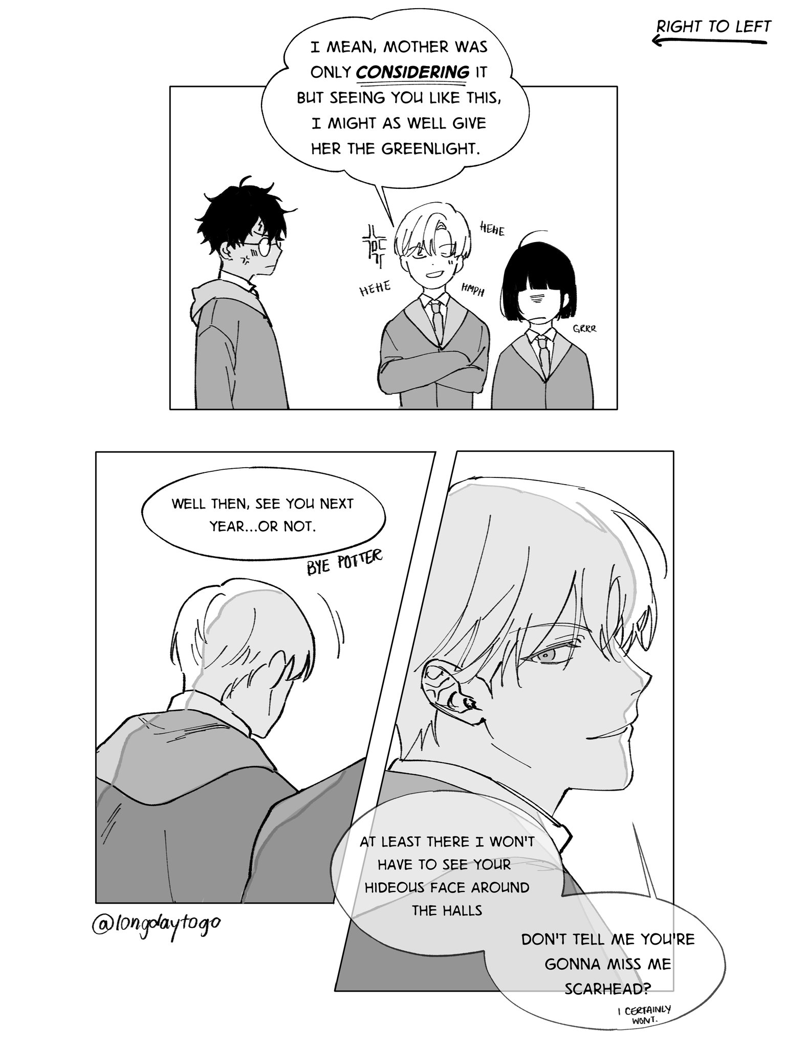 he image is a mangastyle comic strip or webtoon. it shows a conversation between two male high school students. the first panel shows one student telling his friend that his mother is considering letting them be together. the second panel shows the two students saying goodbye to each other, hinting at a sarcastic tone. the art style is clean and simple, with mostly black and white tones. the text bubbles and captions provide the dialogue and narrative, flowing from right to left as indicated in the corner.  the overall mood is a blend of romantic tension and playful antagonism.