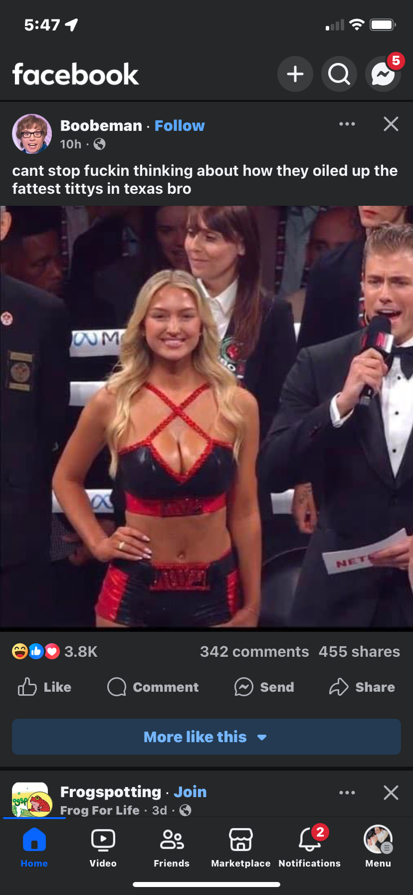 a screenshot of a facebook post shows a man's comment about ring girls in texas. the post has many likes, comments, and shares. the image shows a ring girl in a boxing ring. the post is vulgar and objectifies women.