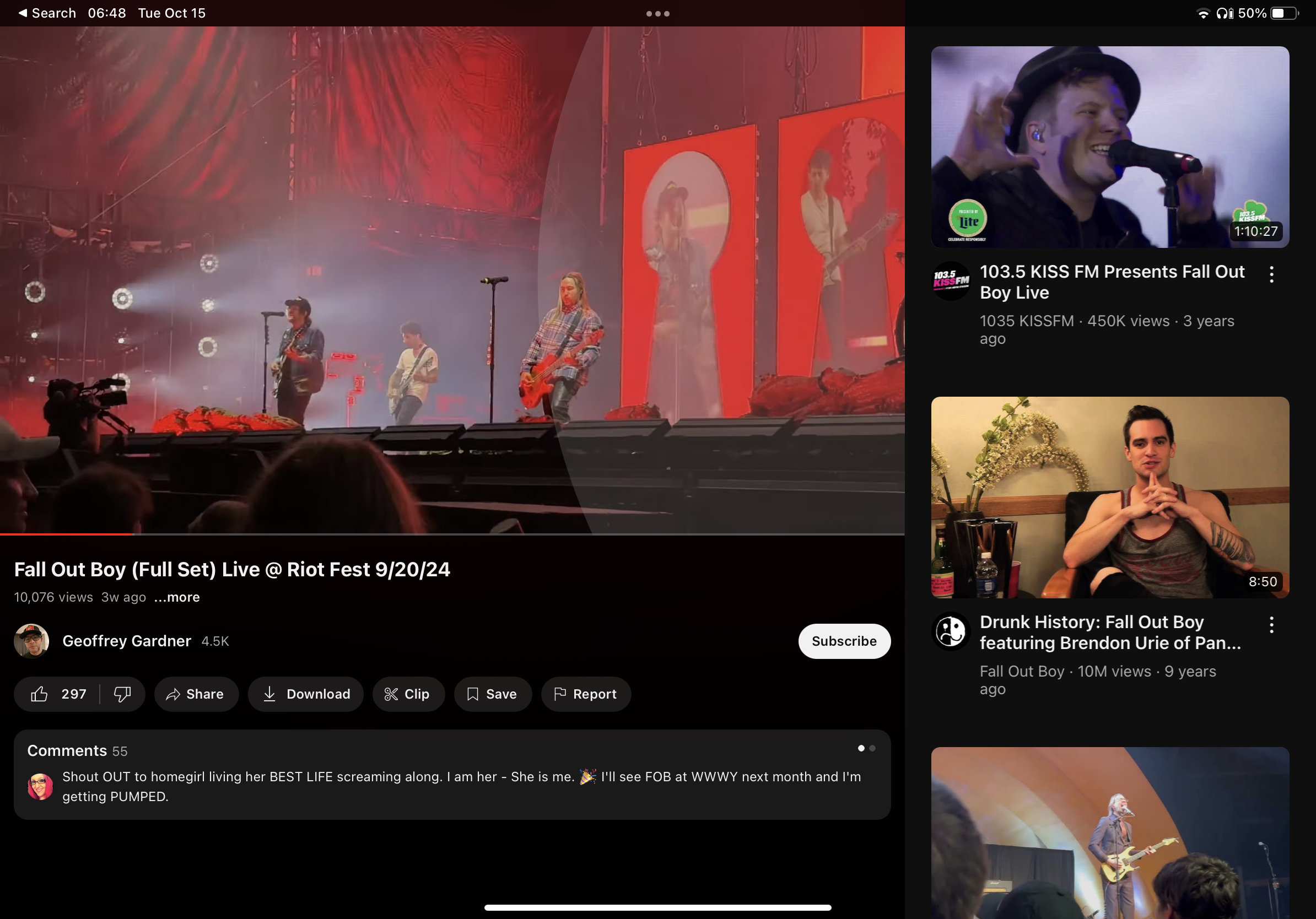 this image is a screenshot of a youtube page displaying a fall out boy video. the top left corner of the image shows the video's title "fall out boy (full set) live @ riot fest 9/20/24" and the date it was uploaded. below the title, there is a picture of the youtuber "geoffrey gardner" and his subscriber count. the right side of the image shows two different fall out boy videos, one from 103.5 kiss fm and the other from drunk history. the bottom of the image shows the comments section of the video.