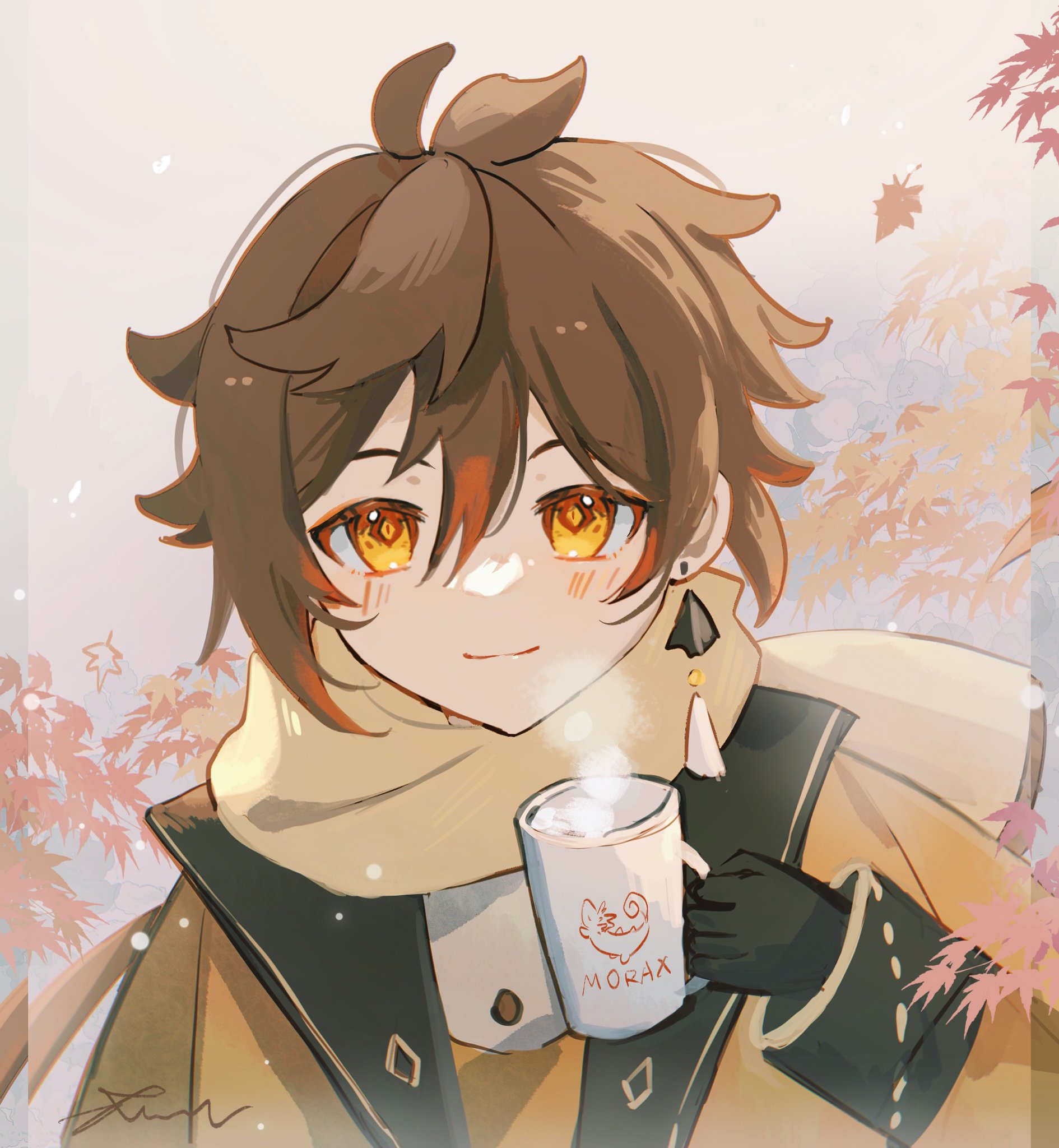 an animestyle illustration of a young girl with brown hair and yellow eyes, wearing a yellow scarf and holding a cup of hot drink. she is smiling and looks happy as she stands in a snowy setting. the art style is cute and whimsical, with soft colors and delicate details. the background is a blurry scene of winter trees with snowflakes falling.