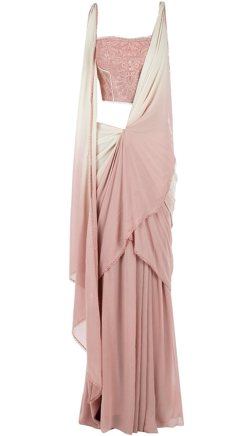a sleeveless pink sareestyle dress with a chiffon overlay and embroidered bodice.