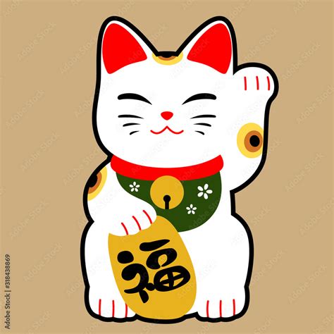 a cartoon illustration of a manekineko, a japanese beckoning cat.  the cat is white with red markings on its ears and a gold coin in its paw. it is sitting and has one paw raised in a beckoning gesture.  the cat is wearing a red collar with a green and gold ornament.  the background is a muted brownishbeige. the character 福 (fú) meaning fortune or luck is written on the gold coin.