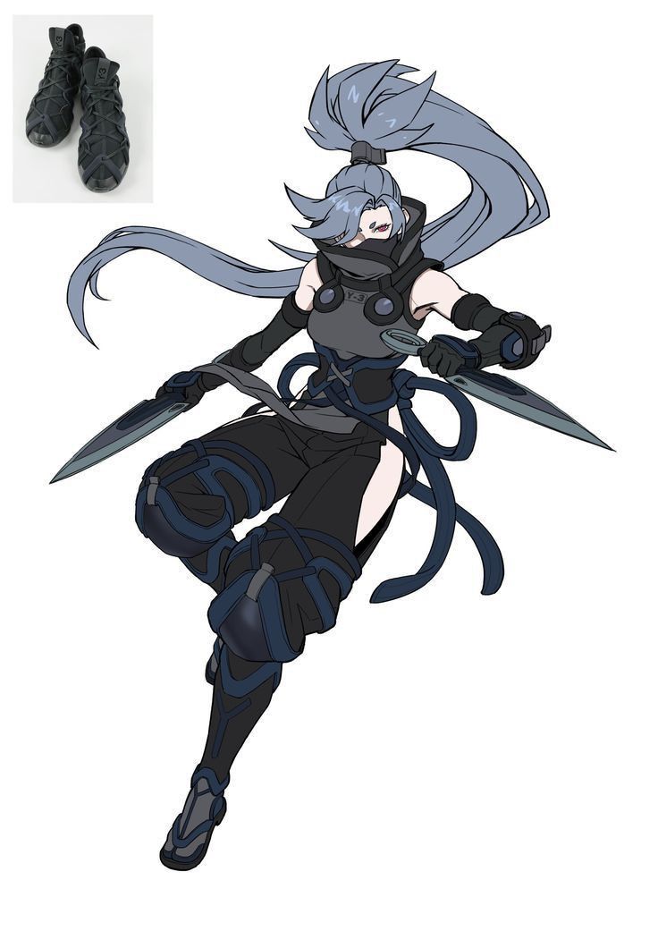 the image showcases a digital illustration or concept art of a female anime character, designed in a ninja or assassin style. she's depicted in a dynamic pose, midaction, wielding two knives. the character sports dark grey and black armor, including armored boots (which are also shown separately in the upper left corner of the image), and a mask that conceals her face. her hair is long, bluishgrey, styled in a high ponytail.  the overall style suggests a character design for a video game or anime production, emphasizing action and stealth. the art style is sharp and clean, with clear linework and a muted color palette.