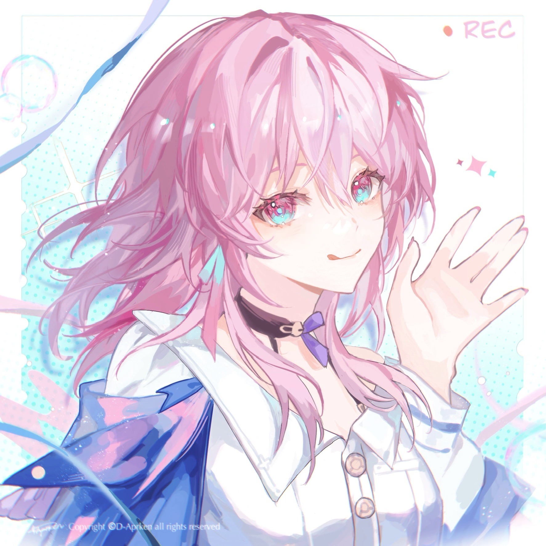 the image is an anime illustration of a young girl with long, pink hair. she is wearing a white shirt with a blue jacket and is smiling. she is waving her hand and appears to be happy. the background is a soft, pastel color with blue and pink accents. the overall style of the image is cute and whimsical.