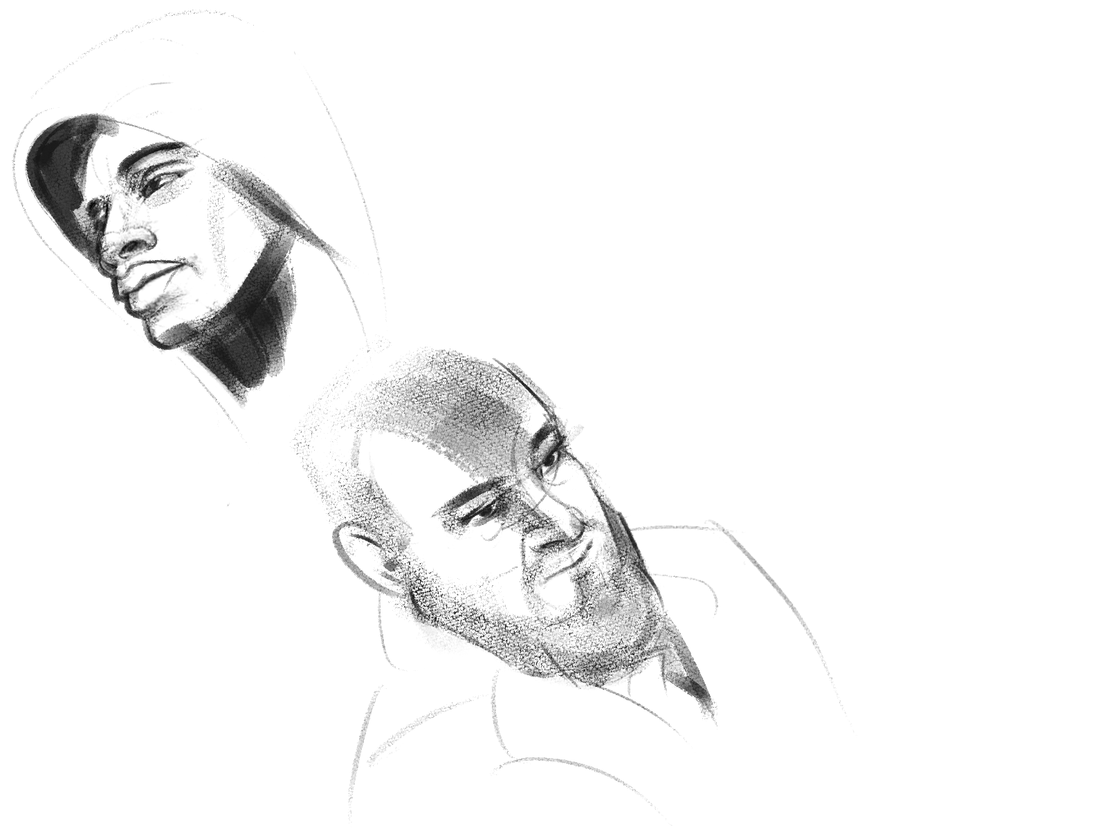 this is a pencil sketch of two men. the man on the left is wearing a hooded jacket and looking downward with a serious expression on his face. the man on the right is looking up to the left, also with a serious expression. both men are drawn in a realistic style, with attention to detail in their facial features. the sketch is done in black and white, creating a sense of contrast and depth.