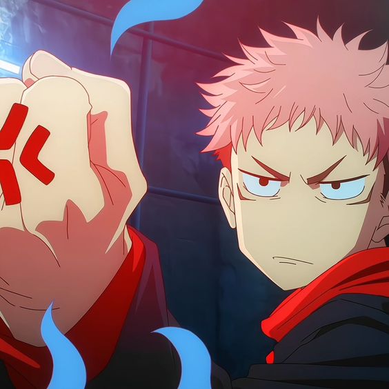 a digital illustration of yuji itadori from jujutsu kaisen, shown from the chest up. he is facing the viewer with a determined expression and his right fist raised, engulfed in blue cursed energy. he wears a black longsleeved shirt and a red scarf. the background is dark and abstract.