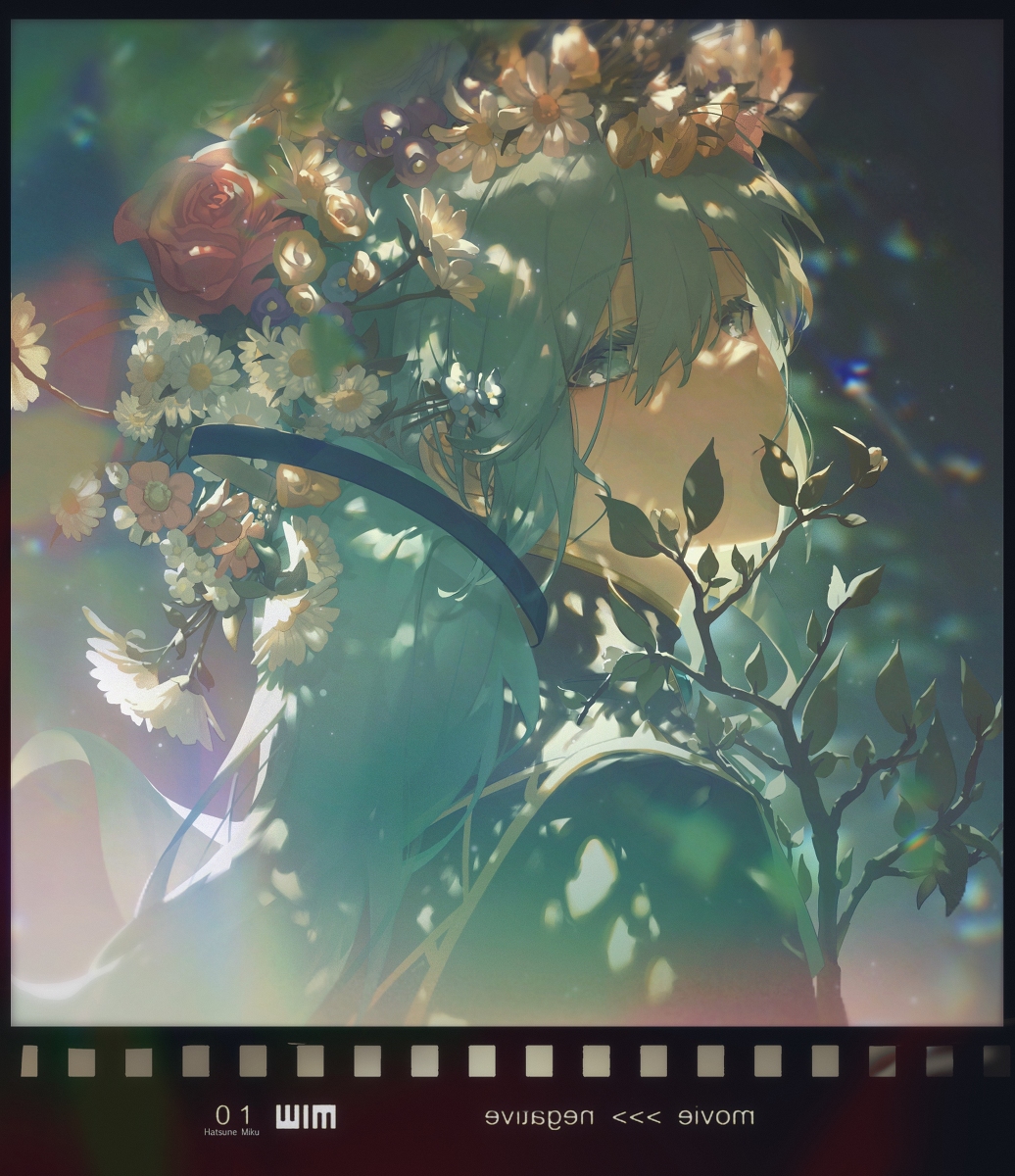 a dreamy animestyle illustration of a girl with green hair adorned with a flower crown of daisies and a rose. she is captured in a side profile view, partially obscured by a tree branch with leaves. sunlight filters through the foliage, creating dappled lighting effects. the artwork is presented within a film strip border.