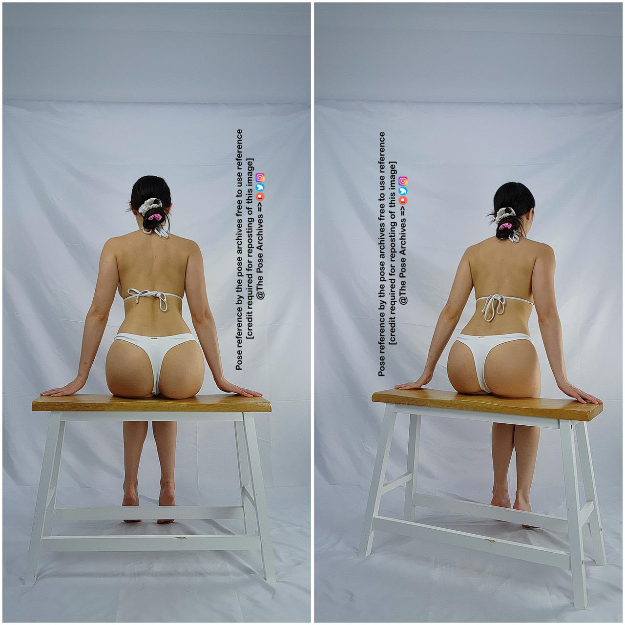 a young woman with dark hair tied back is photographed twice in the same pose against a plain white backdrop. she is wearing a white bikini and is seated on a plain wooden bench with her back to the camera. the images are designed to be used as pose references for artists.