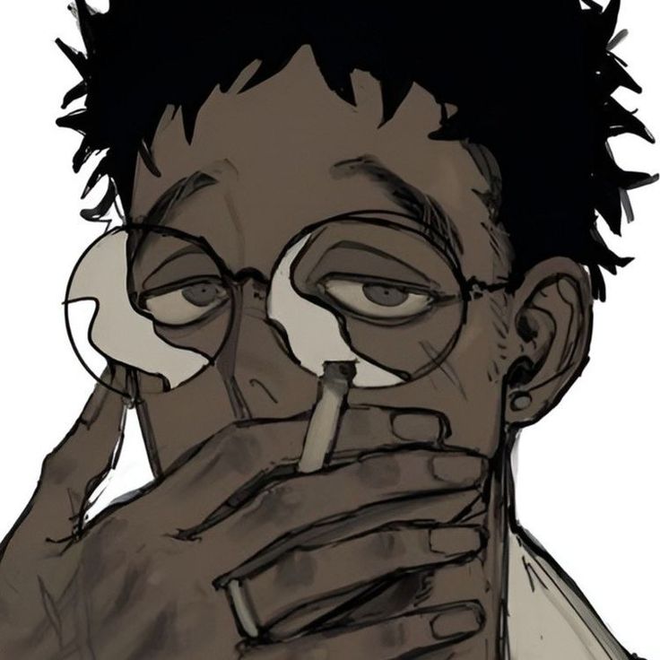 a closeup, digital illustration of an anime male character smoking a cigarette with a serious expression on his face. the character is drawn in a dark, realistic style with detail on his hair, skin, clothing, and eye. the character has short black hair, a brown shirt, and is wearing glasses. he is looking off to the side. the character's expression is somber, conveying a sense of apathy or disinterest. his hand is covering the lower half of his face, partially obscuring his mouth.