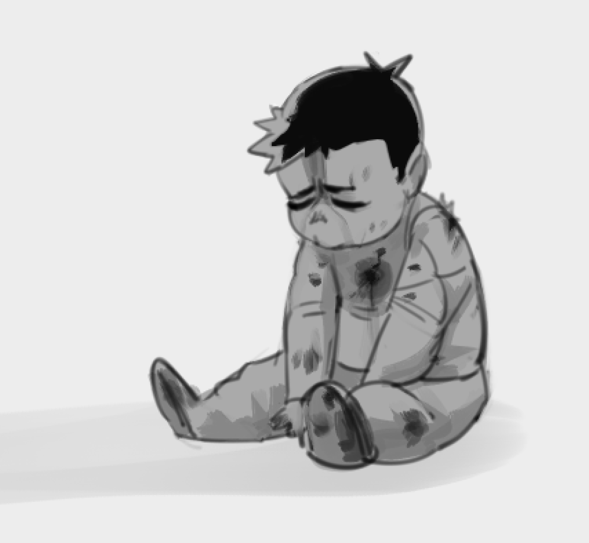 a black and white cartoon drawing of a boy sitting on the floor. he is looking down with a sad expression on his face. he appears injured with wounds and scars on his body. the boy is drawn in a simple and minimalist style.
