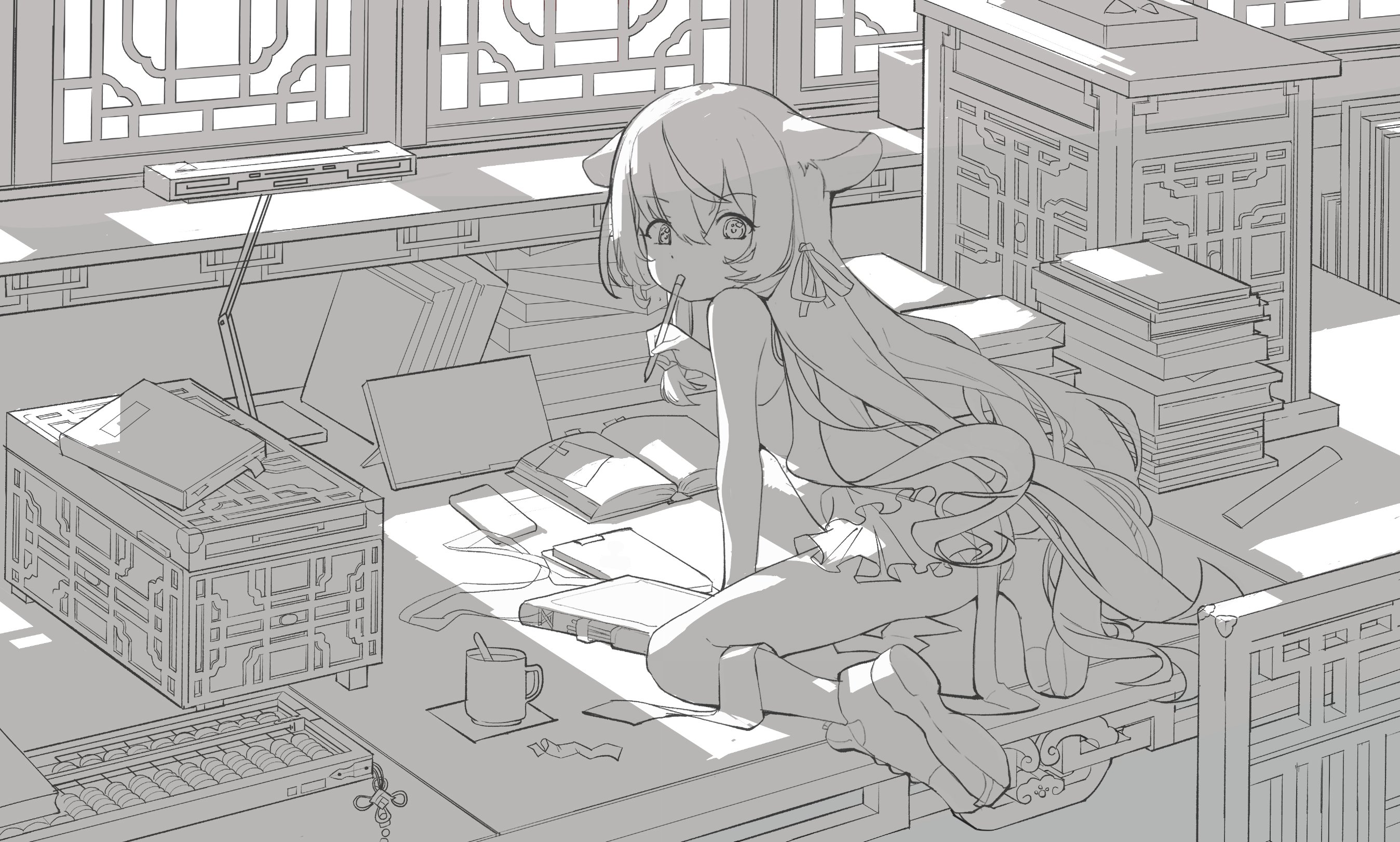 a line art drawing of an anime girl with cat ears sitting on a desk cluttered with books, an abacus, a tea cup, and a pen. the desk is positioned in front of a window with traditional chinese furniture. the style is clean and detailed.