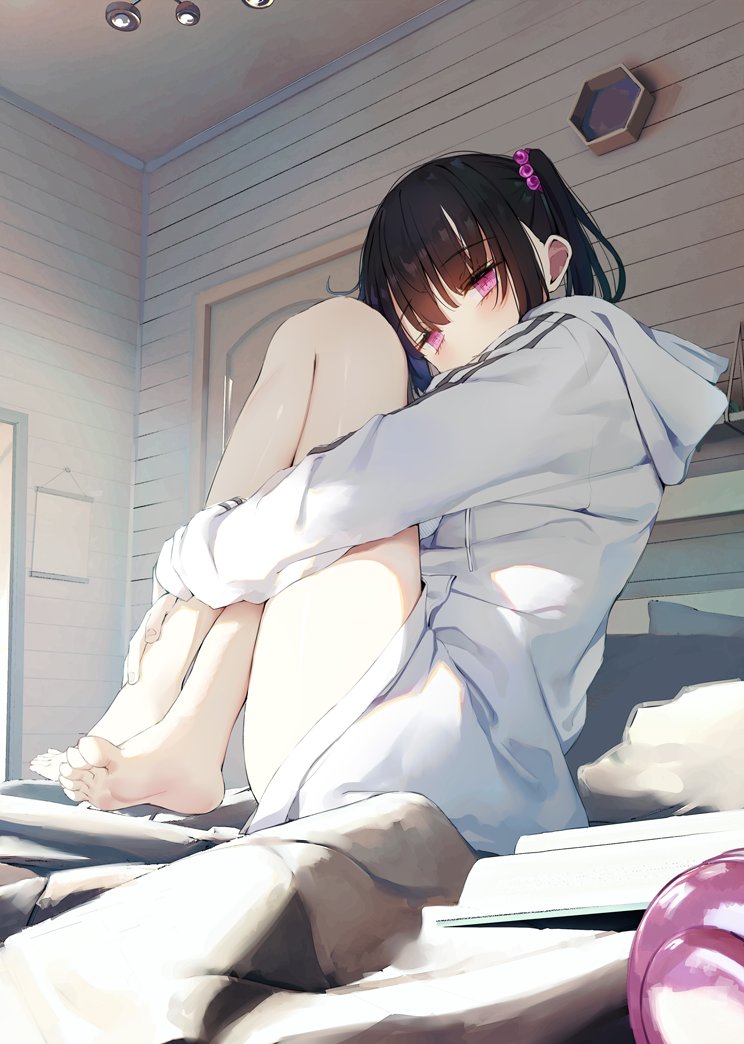 the image is a digital painting or illustration of an animestyle girl. she has long black hair with purple hair clips, and is wearing a light gray hoodie. she's sitting on a bed with her legs crossed and barefoot, her body slightly hunched over. her eyes are closed, suggesting sleepiness or pensiveness. a book lies open on the bed beside her. the setting is a bedroom with light wood paneling and soft, natural light. the overall mood is peaceful and somewhat melancholic. the art style is soft and detailed, focusing on subtle lighting and textures.