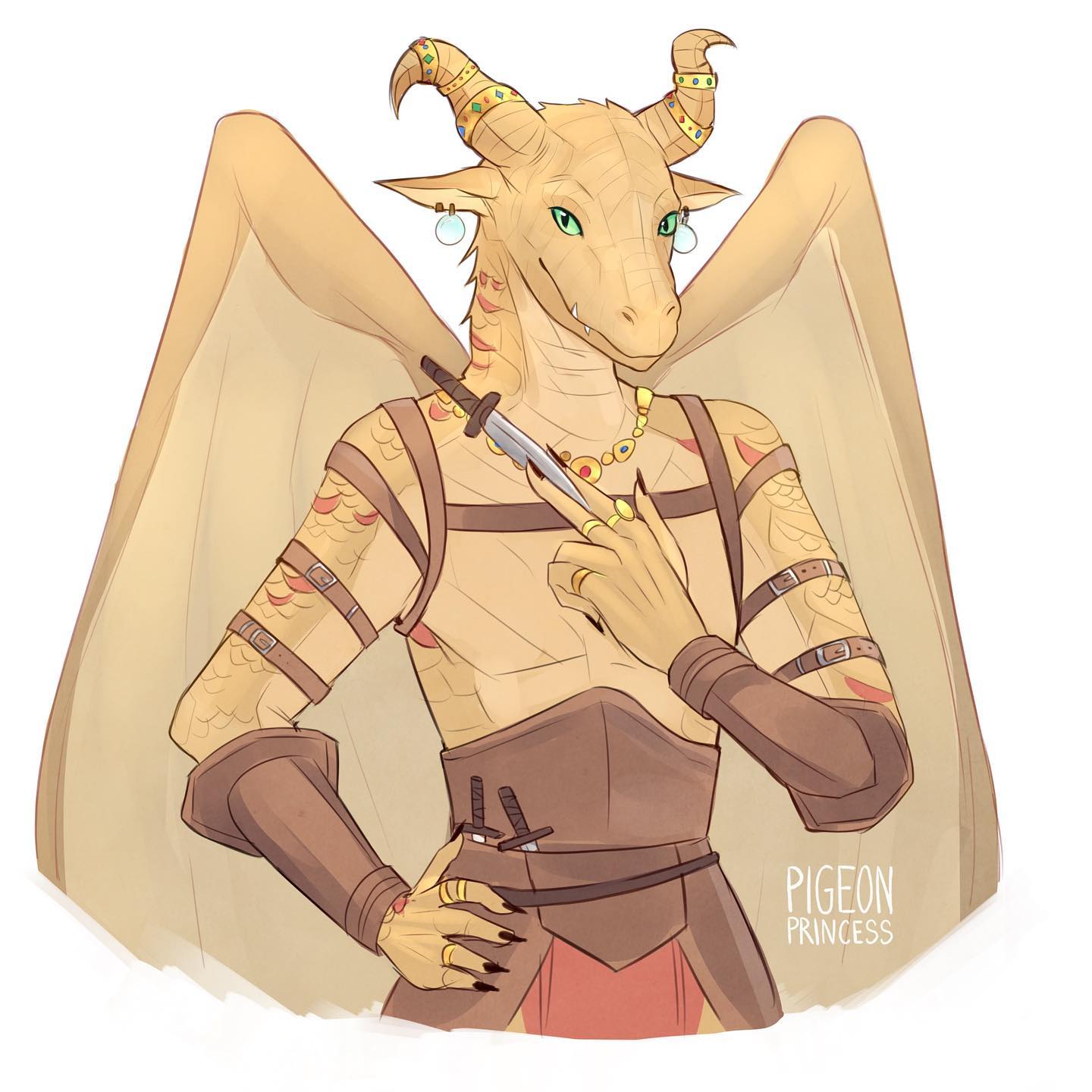 the image is a digital painting or illustration of a female humanoid dragon. she has pale, light tan skin with subtle scale patterns visible on her arms. her wings are a light beige or gold color.  she wears gold jewelry, including earrings, necklaces, and rings. her attire is a combination of brown leather armor and a reddishbrown or coral colored garment underneath.  she's holding a dagger to her chest with one hand and the other hand is resting on her hip. the dragon appears confident and powerful, with a somewhat elegant and regal posture.  two more daggers are visible sheathed on her waist. the artist's signature "pigeon princess" is visible in the bottom right corner.  the style is soft and slightly painterly.
