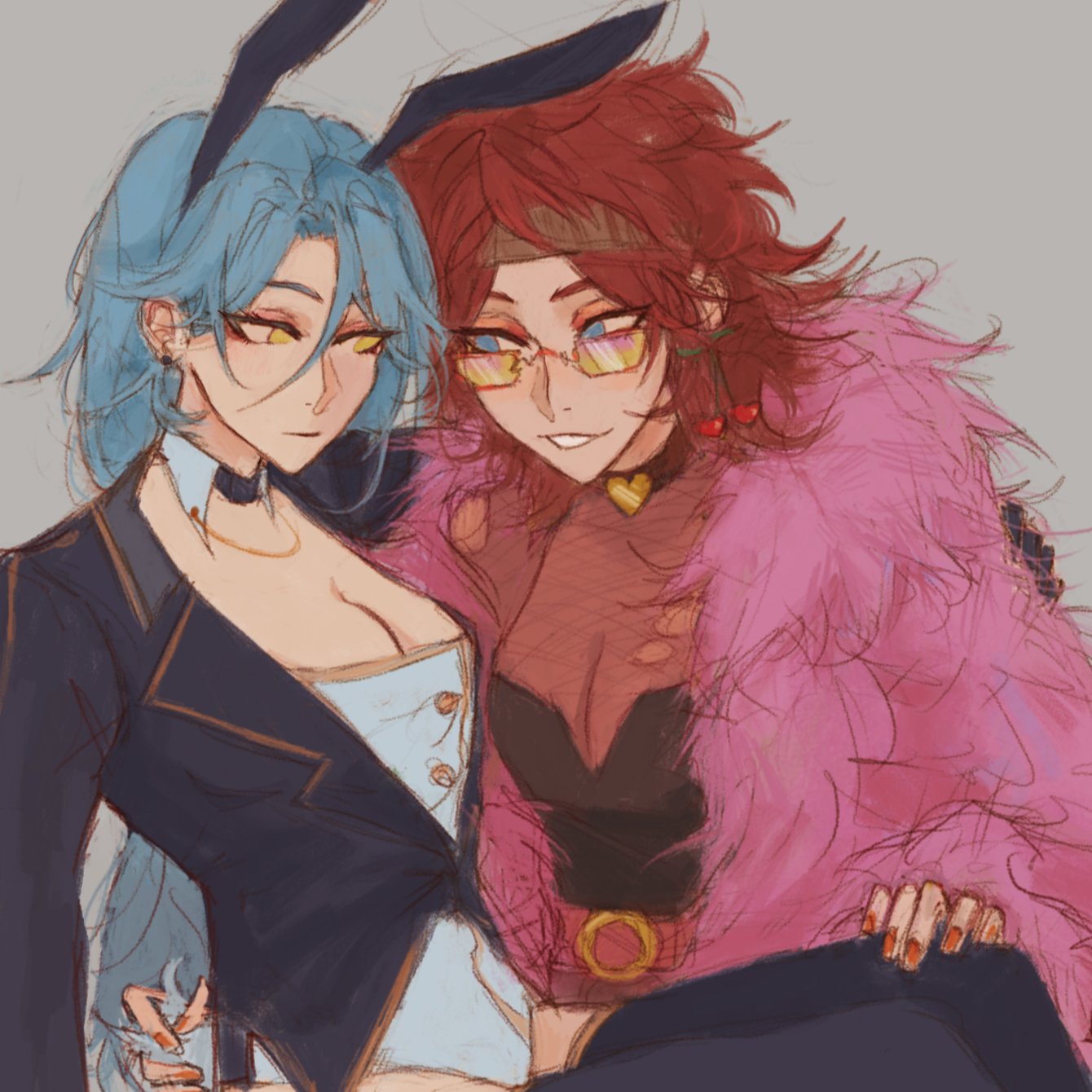 the image is a digital fanart depicting two animestyle girls in close proximity, appearing affectionate. one girl has long, light blue hair and bunny ears, dressed in a dark blue suitlike jacket over a white blouse. the other has long, reddishbrown hair and is wearing a vibrant pink fluffy coat and goldrimmed glasses.  the style is soft and slightly sketchy, with a focus on the characters' expressions and clothing details. the overall mood is playful and intimate.