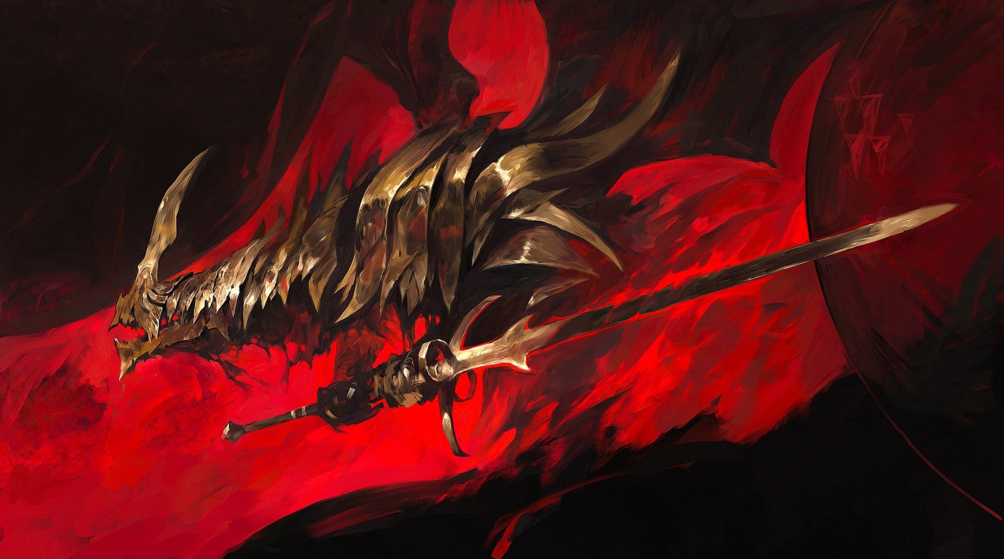 he image is a digital painting or illustration depicting a fantastical scene.  it features a dragonlike creature, partially armored in gold, with sharp, angular features. the creature appears to be holding or being impaled by a large, ornate sword. the background is a dramatic swirl of red and dark colors, suggesting fire or blood, creating a sense of movement and intensity. the style is painterly and expressive, with visible brushstrokes and a somewhat abstract quality, emphasizing mood and atmosphere over precise detail.  the overall tone is dark, fierce, and evocative of fantasy or dark fantasy themes.