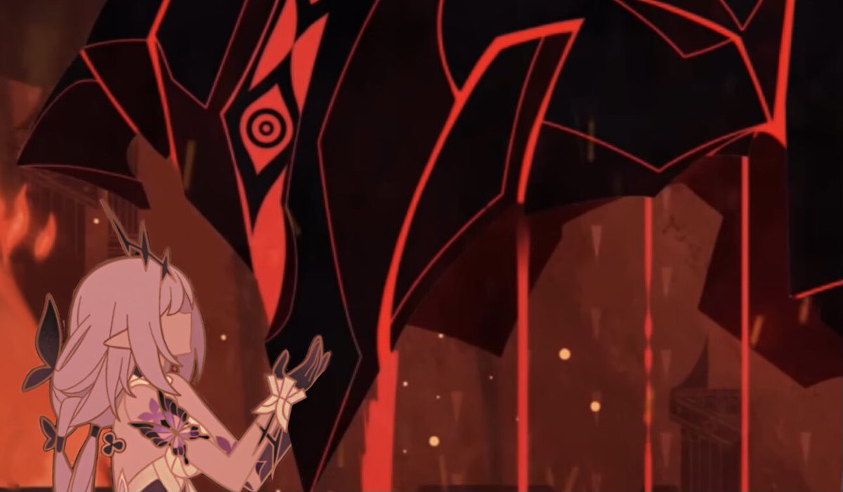 the image features elysia, a character from honkai impact 3rd, standing before the herrscher of corruption. the herrscher is depicted as a large, ominous black figure with red outlines and a prominent "eye" design. the overall color scheme is dominated by red and black, contributing to a dramatic and intense atmosphere.