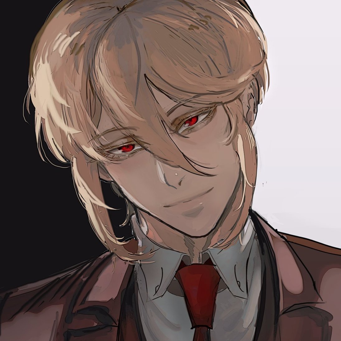 a closeup portrait of an anime character. they have blonde hair and red eyes, and are wearing a suit with a red tie. they are smirking. the background is a dark gray, with a white space on the right.