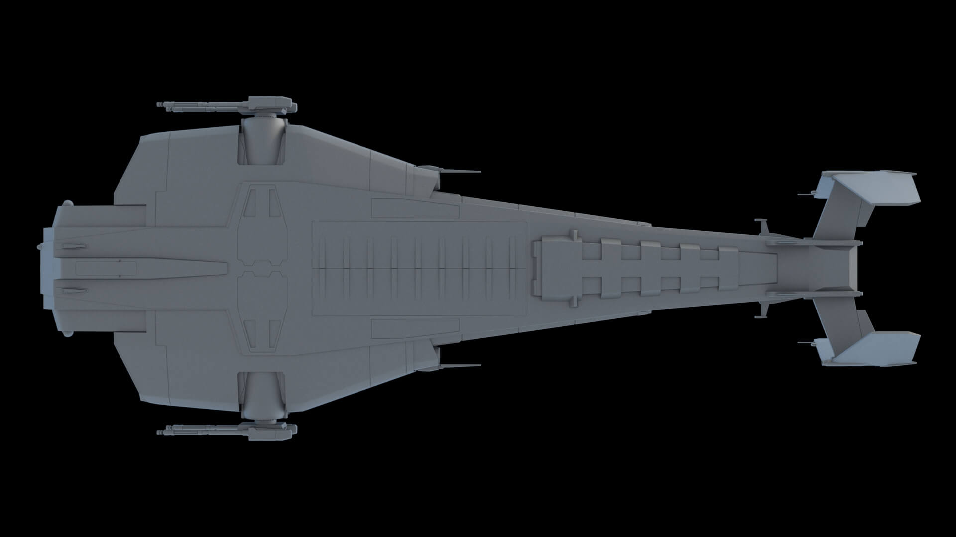 a topdown perspective of a spaceship.  the underside of the ship is visible, and there are some details about the design of the ship including weapons mounted on the bottom.