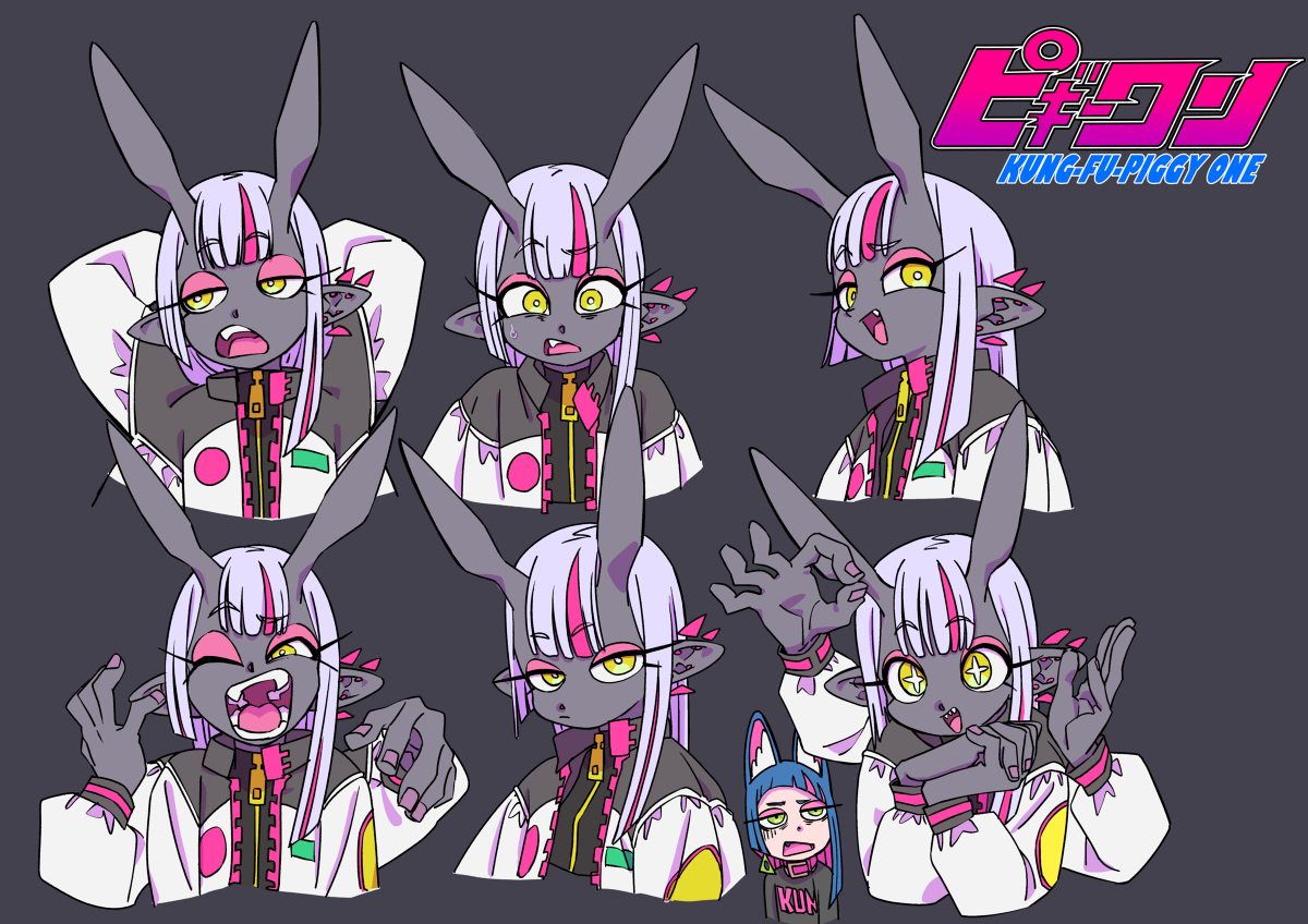 the image displays six different facial expressions of a rabbit girl character from the anime "kungfu piggy one". she is drawn in a dynamic anime style, with exaggerated features and expressions. she has dark gray skin, long white hair with pink streaks, and yellow eyes with starshaped pupils. she is wearing a white and pink bomber jacket, a black shirt, and white pants.