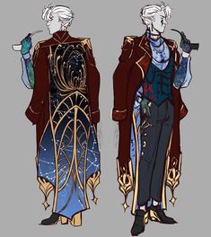 this illustration showcases a character design concept, featuring a male figure in an elegant, elaborately detailed outfit. the focus is on the attire, presenting both front and back views. he sports a long coat with intricate embroidery resembling celestial patterns, layered over a waistcoat and cravat.  his accessories include gloves and a cane, hinting at a refined and perhaps slightly dandyish personality. the color scheme leans towards cool tones with touches of gold accents.