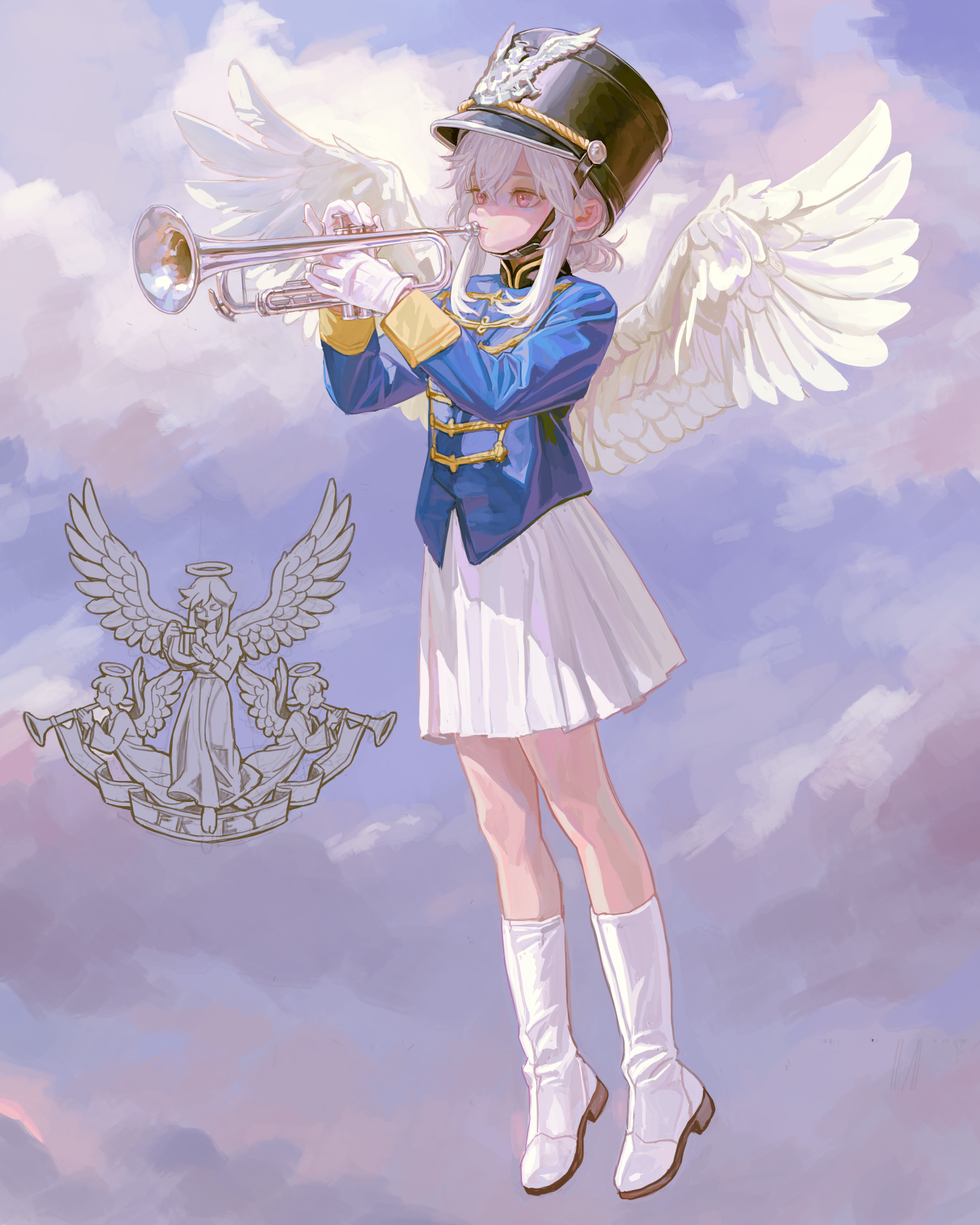 a digital art style image showing an anime style angel musician wearing a band uniform, playing a trumpet, with wings, flying in the sky. the angel has white hair, fair skin, and wears a blue jacket with gold trim, a white pleated skirt, and white boots. a black hat sits atop their head. behind them, large white wings extend. in the background is a cloudy sky. to the left, there is an additional drawing of an angel playing a trumpet, framed by angel heads and wings.