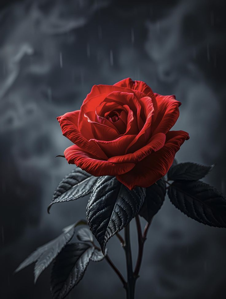 a closeup shot of a vibrant red rose with dark, almost black, leaves and stem against a blurred, moody gray background with subtle hints of rain. the rose is the focal point, showcasing its intricate petal arrangement and rich color. the overall tone is dramatic and romantic.