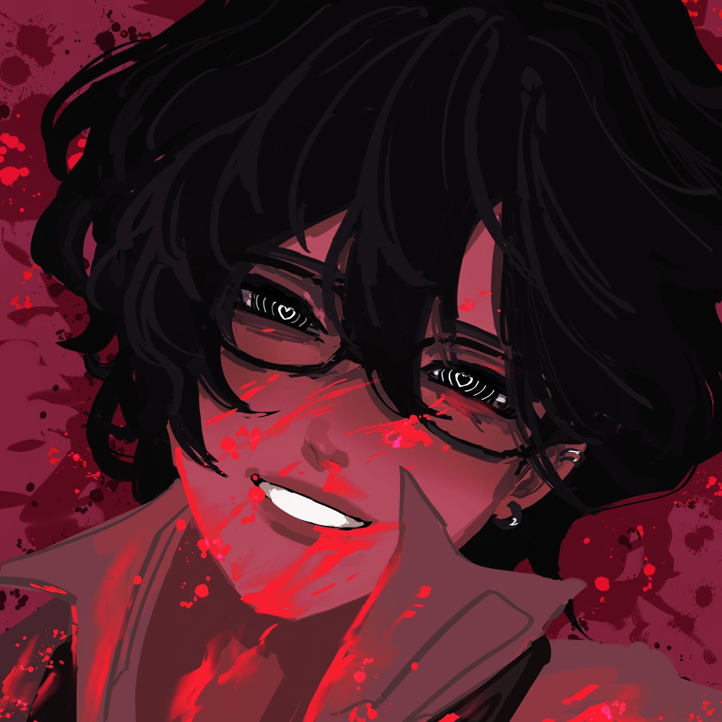 this is an animestyle illustration of a boy with short, dark hair, and glasses. his face and clothes are splattered with blood. his pupils are stylized as hearts. the lighting is soft.  the background is dark red. overall, the image conveys a sense of unease and horror.