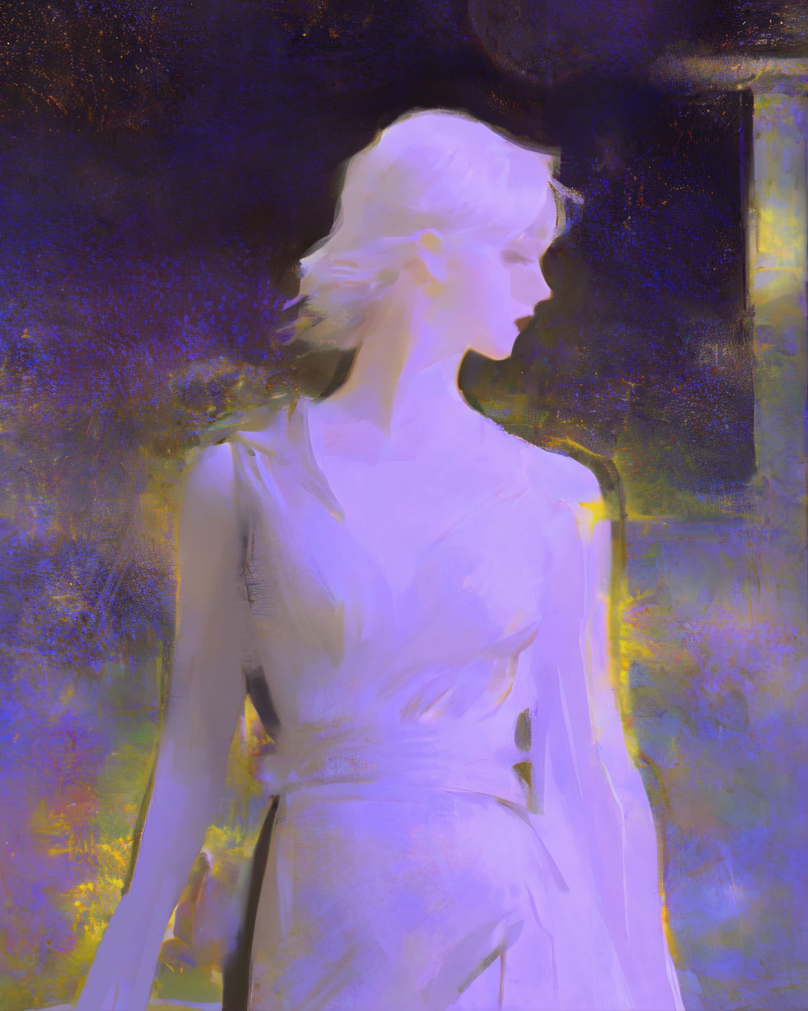 a digital painting of a woman with white hair in a white dress. the woman is standing in front of a purple, blue, and yellow background. she is looking away from the viewer. the painting has a dreamy, ethereal quality.