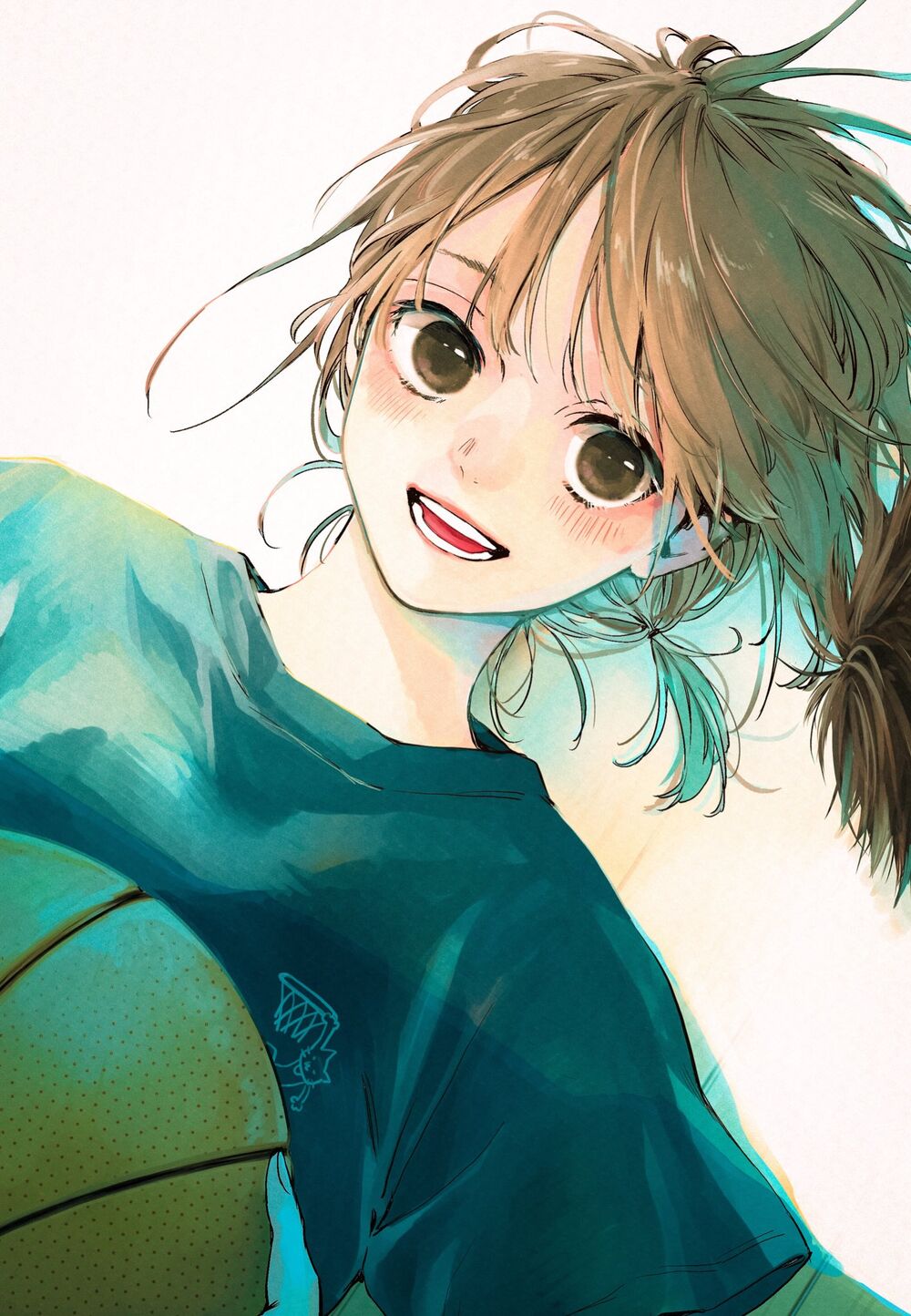 the image is a closeup illustration of an animestyle girl with brown hair pulled back in a loose ponytail. she is wearing a teal shortsleeved shirt with a subtle basketball logo. she's smiling brightly, and a basketball is partially visible in the bottom left corner, suggesting she's holding it. the art style is soft and slightly painterly, with a focus on soft color blending and loose lines, conveying a sense of energy and youthfulness. the background is a simple, light color that emphasizes the girl and her expression.