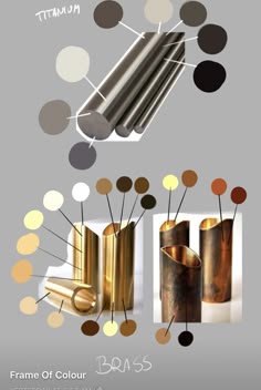 this image displays two sections. the upper section shows multiple stacked metal pipes with color swatches labeled as titanium. the bottom section features 4 brass pipes with different color swatches labeled as brass.  this image represents a color palette for these metal finishes.