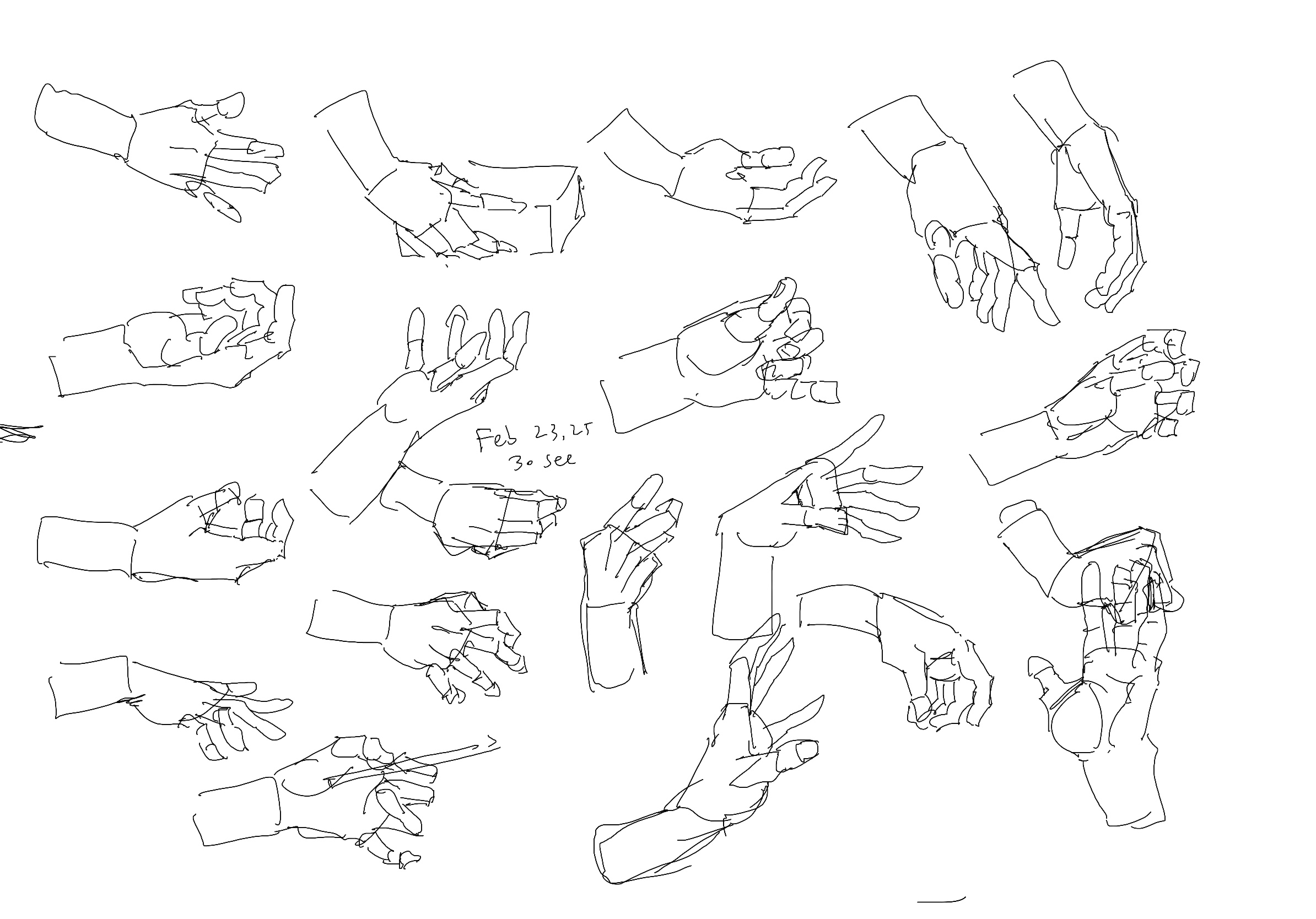 the image is a collection of black and white line art hand sketches, depicting various hand gestures and positions. the sketches are a study in hand anatomy and form, showing multiple views and angles of the human hand. the style is loose and gestural, focusing on capturing the essence of the hand's shape and movement. some sketches incorporate a boxy construction. there's writing 'feb 23,25 3o see' in one of the middle sketches.