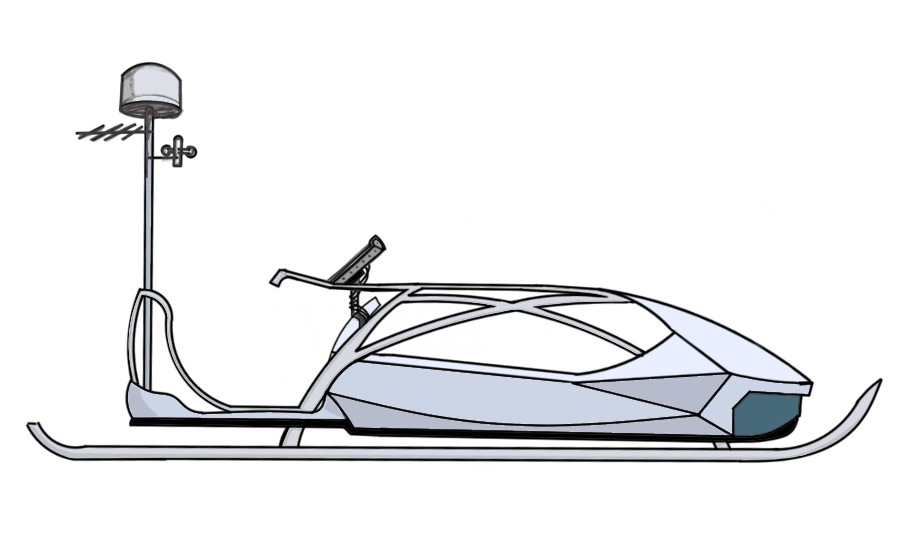 an illustration of a white snowmobile, with blue accents, driving through the snow. it has a cartoonstyle and an outline look. the background is black.