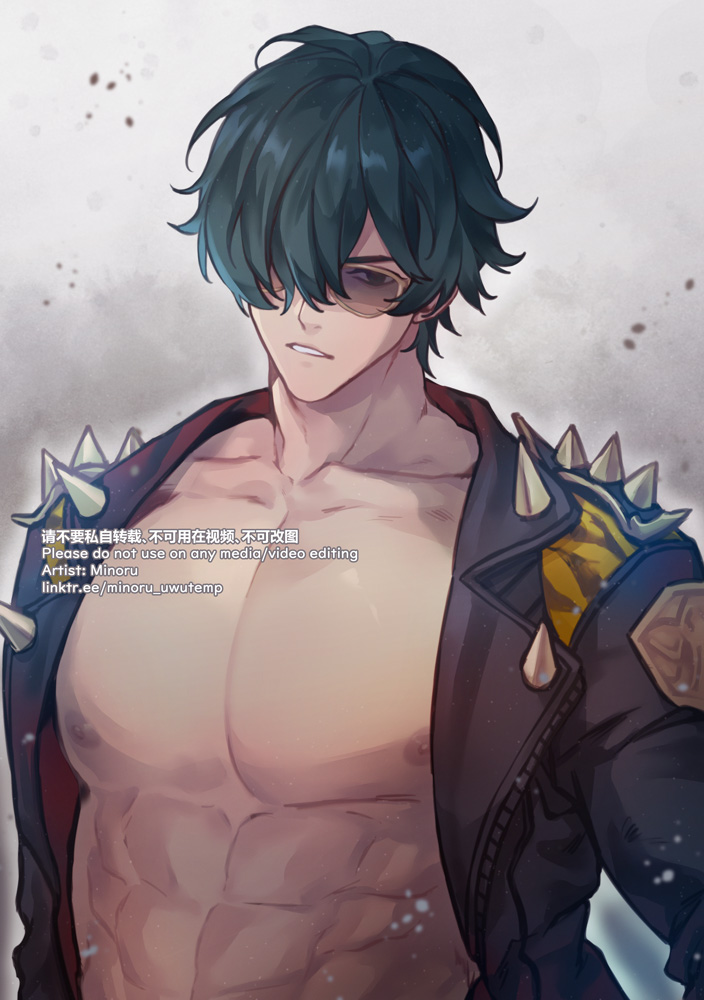 an animestyle drawing of a handsome, muscular young man. he has green hair and is wearing a leather jacket with spikes on the shoulders, along with sunglasses. he is looking directly at the viewer with a confident expression. the art is rendered in a digital style and uses a color palette of shades of gray, black, white, and green.