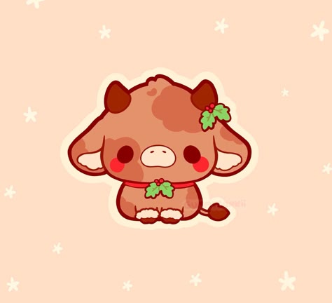this is a cute cartoon drawing of a brown cow with a red bow and holly around its neck. it's against a light pink background with small white stars scattered throughout. the cow is smiling and looks very happy. the illustration is very sweet and cheerful.