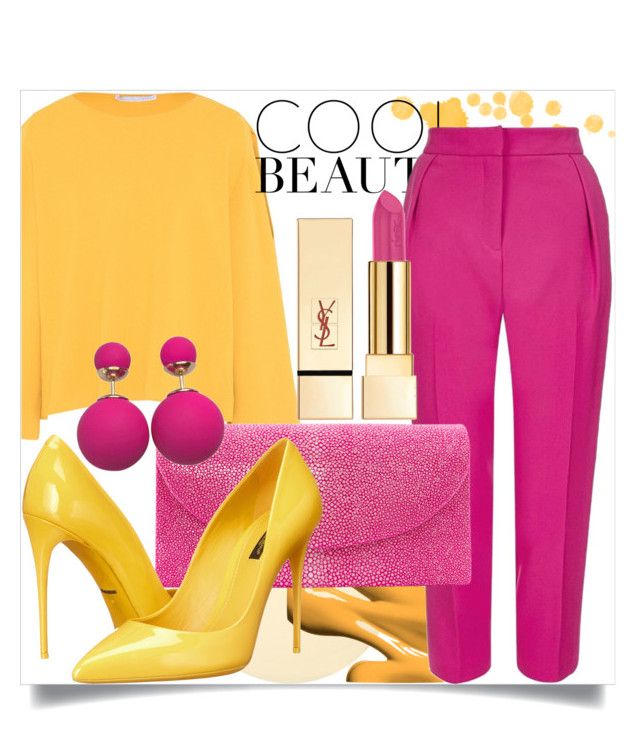 an image showcasing a fashion outfit. it features a yellow sweater paired with pink pants and yellow pumps. a pink clutch and pink earrings complement the outfit, along with a lipstick, possibly from yves saint laurent, with gold accents. the overall style is vibrant and coordinated.