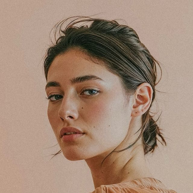 the image is a portrait of a woman with brunette hair pulled back. she has distinct eyebrows, striking eyes, a defined nose, and full lips. her skin has a natural, fresh look with a few visible freckles. she is facing forward with her gaze slightly off to the side. the background is a solid, light peachy color.