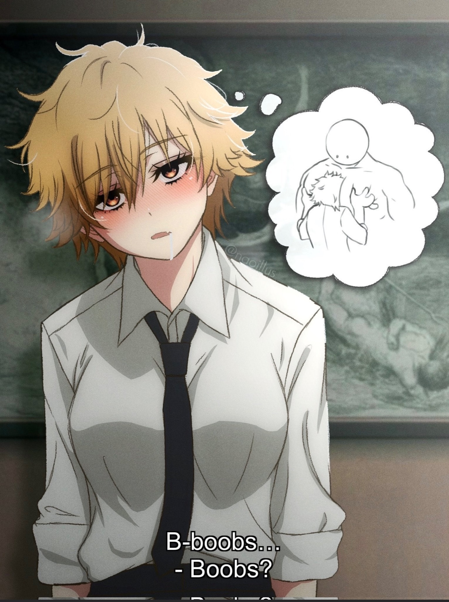 a blushing anime girl with blonde hair and a white shirt and black tie, is thinking about something while standing in front of a framed picture. in her thought bubble, she has a picture of a man hugging another man. the girl's expression shows that she is excited and maybe a little nervous.  the thought bubble and the girl's expression suggest that she is thinking about something private or romantic, and it makes the image fun.  the girl's appearance is typical of anime characters, and the style of the image is in line with the artistic style of anime and manga.