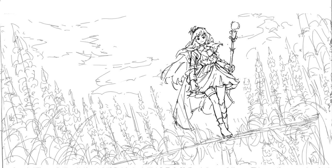 the image is a rough pencil sketch or digital line art depicting an animestyle girl. she appears to be a princess or magical character, wearing a flowing dress and boots, and carrying a staff or wand with an orb on top.  the girl is walking along a path or low wall that runs through a field of tall flowers or plants. the background is a somewhat sketchy landscape with a cloudy sky.  the overall style is whimsical and slightly unfinished, suggesting it could be preliminary concept art or a workinprogress. the lines are loose and expressive, with a focus on capturing the character's pose and the feel of the environment rather than precise details.
