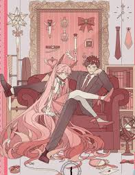 the image is an animestyle illustration depicting a romantic scene. a young woman with long pink hair and a pink dress is sitting on a plush, red sofa with a young man in a suit.  the setting is luxurious, with an ornate frame on the wall displaying various whimsical items, including magic wands, bows, and a clock. bookshelves filled with books are visible in the background, adding to the elegant atmosphere. the overall color palette is soft and pastel, predominantly pink, creating a romantic and dreamy vibe. the couple's pose and the decorative elements suggest a magical or fantasy setting. the style is consistent with that of light novels or manga.