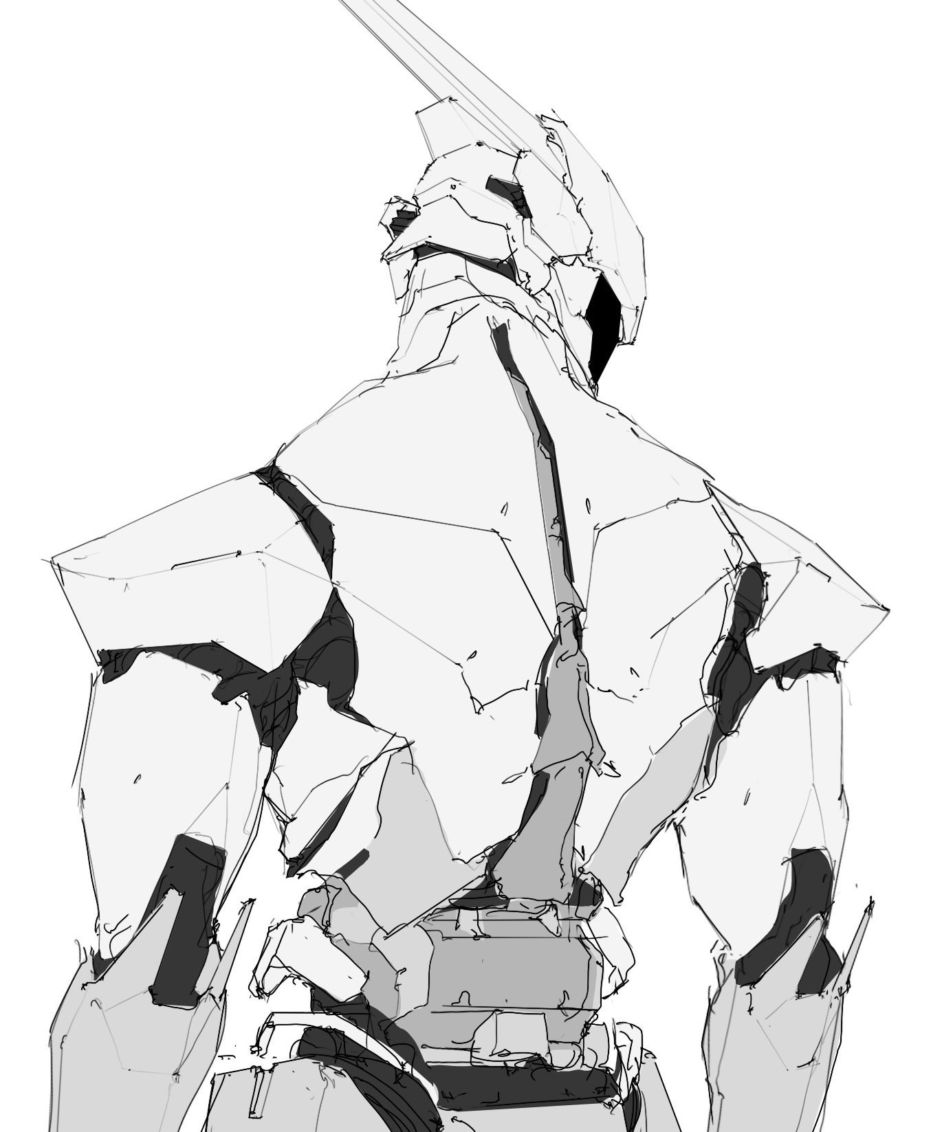 a back view of a robotic figure with a sharp, angular design. the mecha has a head crest and its body is composed of geometric shapes and armored plating, rendered in line art with shades of gray. the image evokes a futuristic and scifi aesthetic.
