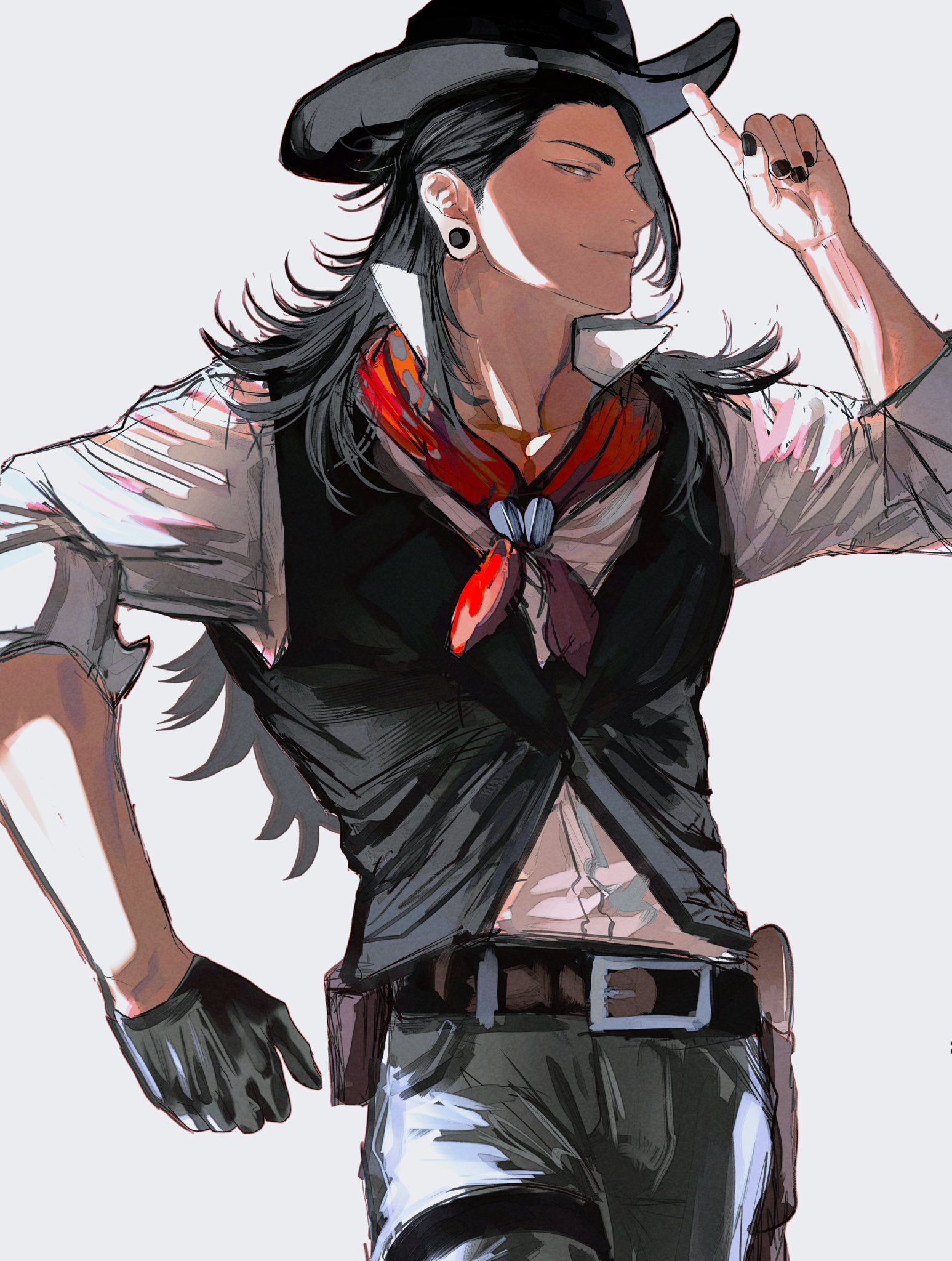 a digital illustration of a handsome anime cowboy with long black hair wearing a hat, bandana and vest with a gun belt and a gun strapped on his hip. he is looking to the side with a smirk on his face.