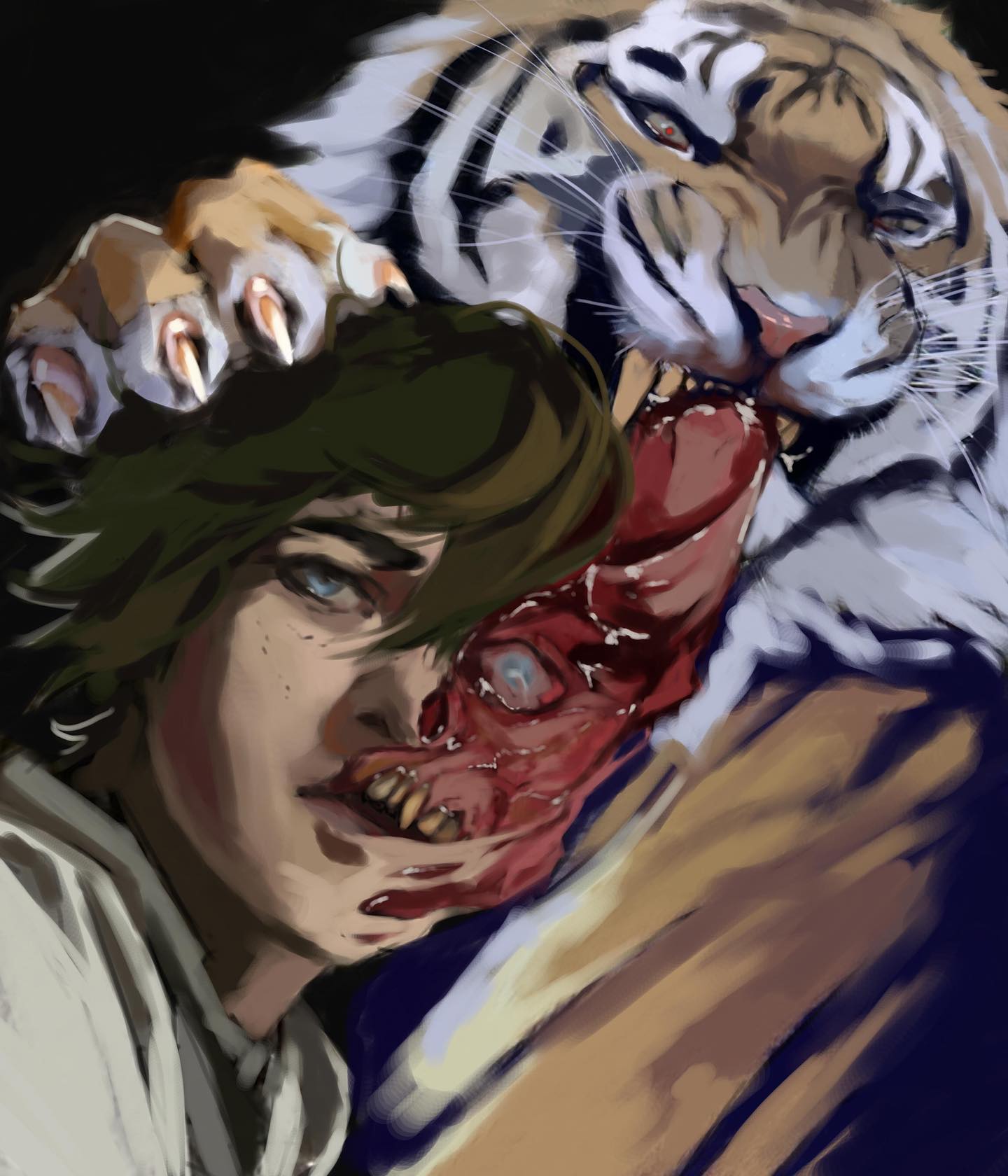 an illustration depicting a man being mauled by a tiger. the tiger's claws are near the man's head, and its teeth are tearing into his face, revealing bloody and disfigured flesh. the man's face is partially normal but also partially mutilated and grotesque. the image is dark and gruesome, with elements of horror and surrealism.