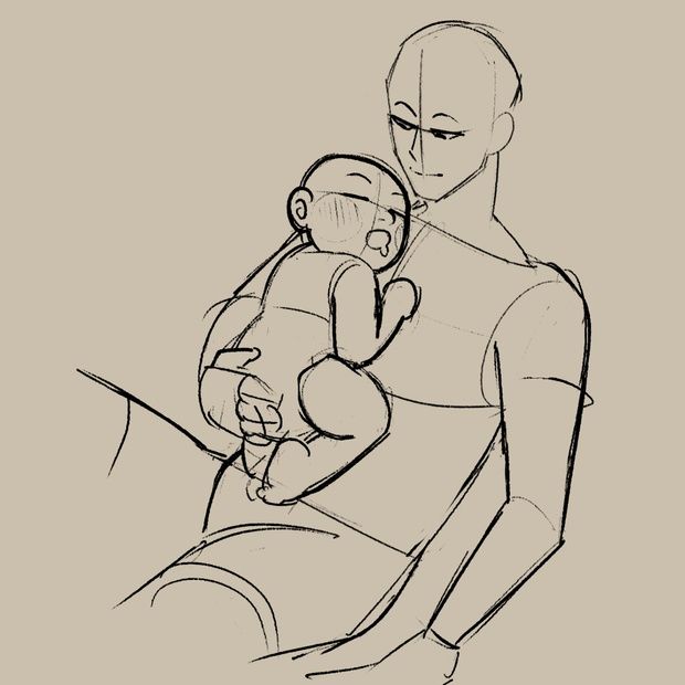 this is a line art sketch of a person holding a baby. the sketch is simple and uses only black lines. the person is holding the baby in their arms and the baby is looking at the person. the sketch is done in a style that is reminiscent of anime or manga. the sketch is simple and yet conveys a lot of emotion. the person looks loving and caring, and the baby looks peaceful and content.