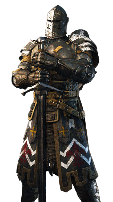 this is a fullbody illustration of a knight standing with a sword. he is wearing heavy armor and a helmet, with a shield on his left arm and the sword on his right. the knight is looking towards the left, his expression is serious and determined.  he has a detailed armor and a large sword in his hand, his clothing is decorated with crosses and a fleurdelis pattern, suggesting he is a crusader. his helmet has a visor, but is open, so that you can see his eyes and the facial features. the knight is depicted in a pose of readiness, as if he is preparing for a battle. this illustration is rendered in a style that is reminiscent of fantasy video games.