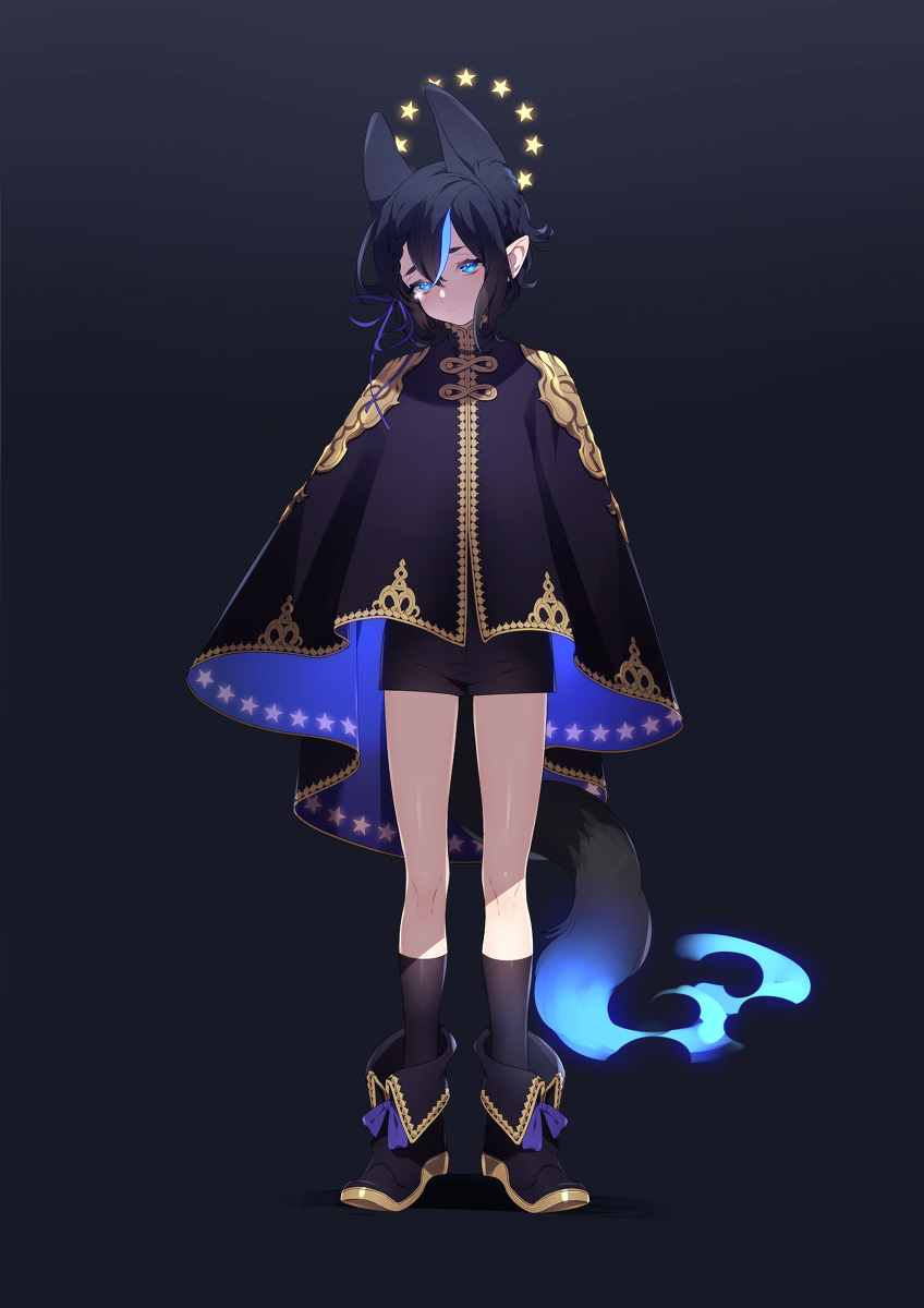 this is a digital illustration of a young anime character wearing a dark cape and boots.  she has blue hair and a black tail, and her eyes are blue.  she is surrounded by stars and has a magical aura around her.
